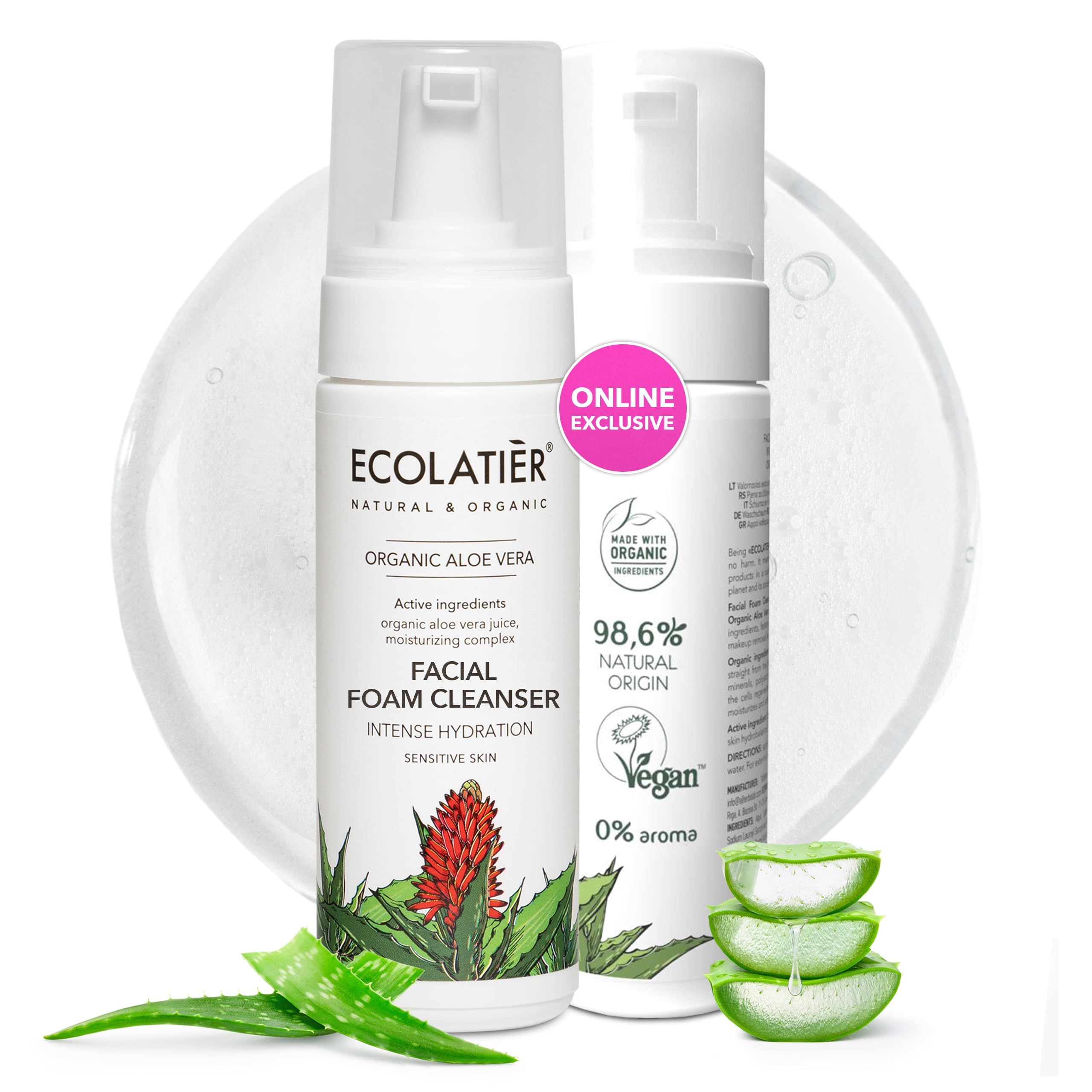 ECOLATIÈR Foaming facial cleanser with Organic Aloe Vera, 98.6% Natural, Vegan Face Wash for Women, Gentle Hydrating Cleanser for Sensitive Skin, Removes Makeup & Impurities, 5.1 Fl Oz