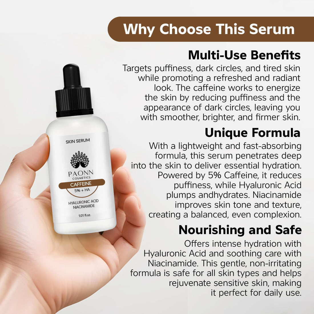 Caffeine Eye Serum for Face and Skin, Hydrating Solution, Reduces Dark Circles, Puffiness & Fine Lines, Moisturizing