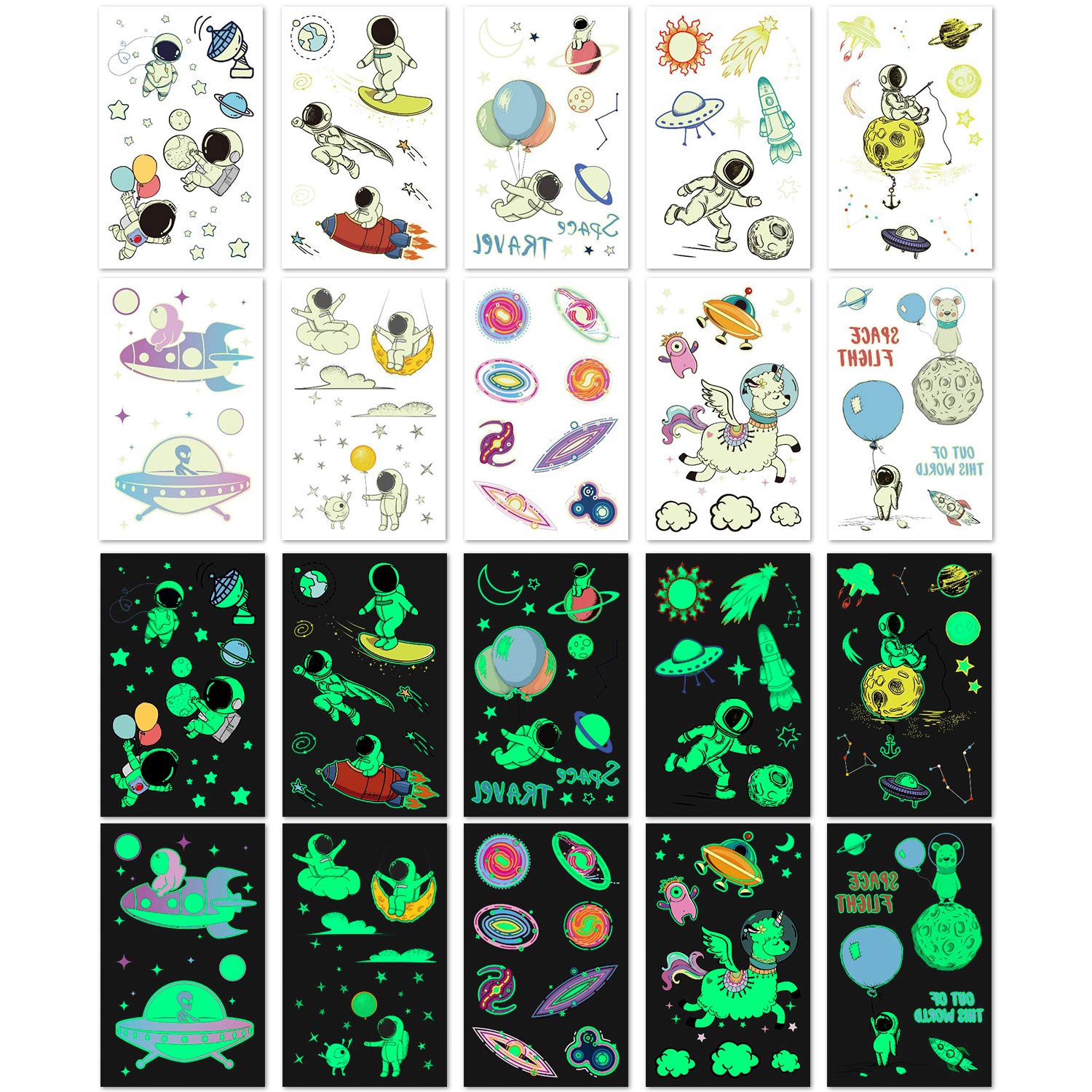 PHOGARY 20 Sheets Space Tattoos Stickers for Kids (Glow in the Dark), Children Fake Tattoos, Funny Temporary Tattoos as Outerspace Party Favors for Boys Girls Birthday, Waterproof