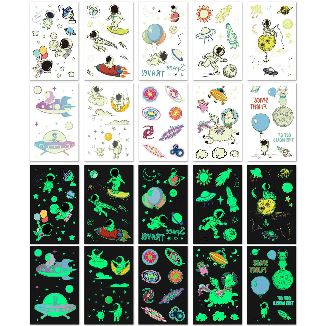 PHOGARY 20 Sheets Space Tattoos Stickers for Kids (Glow in the Dark), Children Fake Tattoos, Funny Temporary Tattoos as Outerspace Party Favors for Boys Girls Birthday, Waterproof