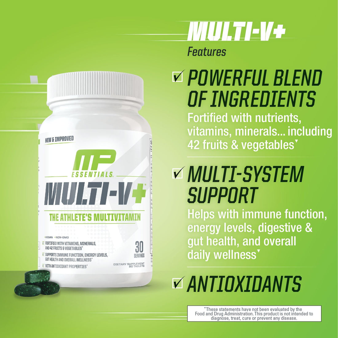 Muscle Pharm Essentials Multi-V+, The Athlete's Multi-Vitamin, Enhanced Energy, Performance & Immune Health, Daily Multivitamin for Men & Women with Minerals Plus Probiotics, 90 Tablets, 30 Servings