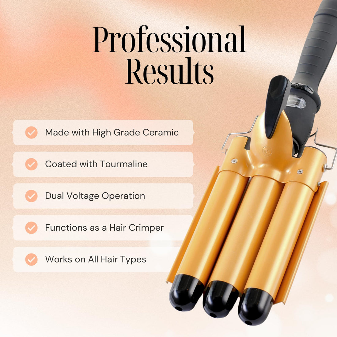 Alure Three Barrel Curling Iron Wand Hair Waver with LCD Temperature Display - 1 Inch Ceramic Tourmaline Triple Barrels, Dual Voltage Crimp (zGold)