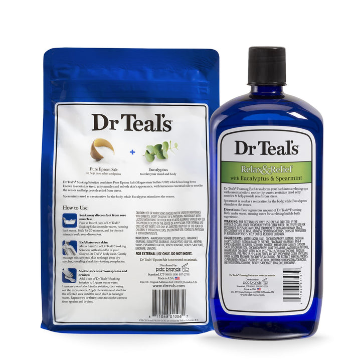 Dr Teal's Epsom Salt Soaking Solution and Foaming Bath with Pure Epsom Salt, Eucalyptus 3lb Bags, and 34oz Bottle
