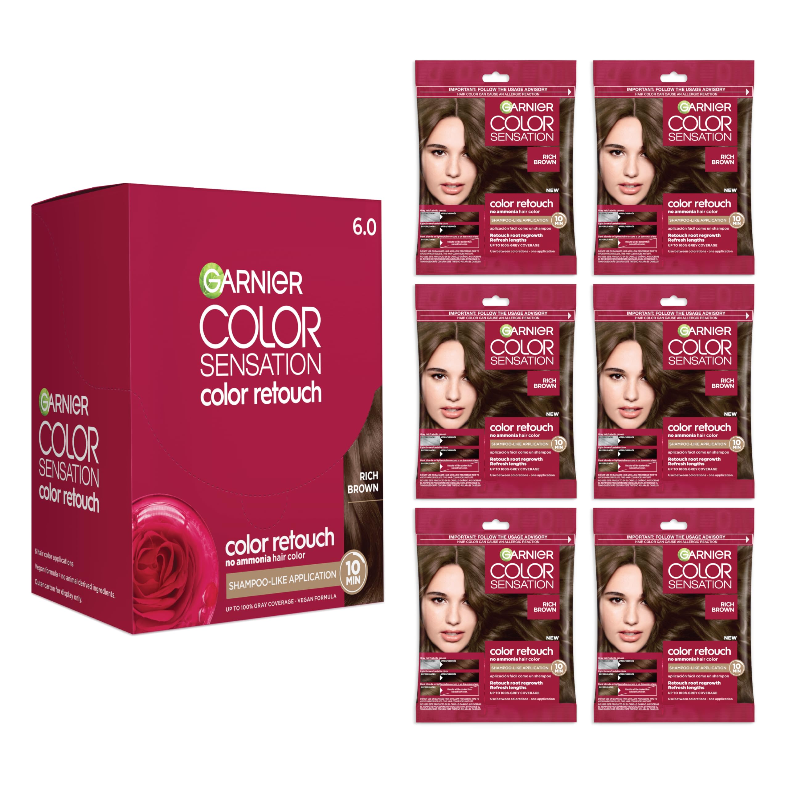 Garnier Color Sensation Color Retouch, Demi Permanent Hair Dye for Roots and Lengths with 100% Gray Coverage, Light Brown Hair Dye, Pack of 6
