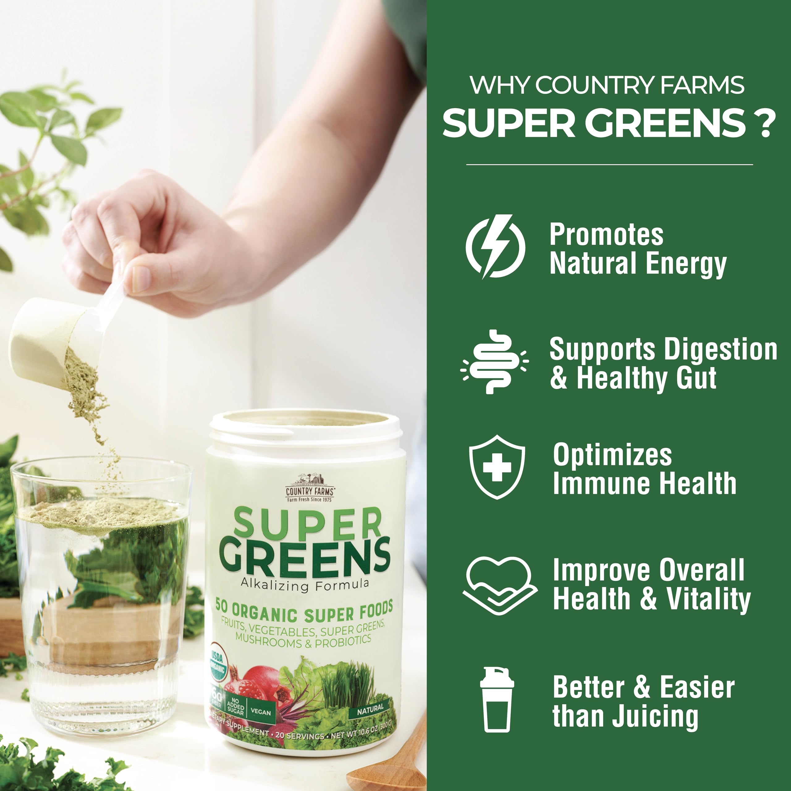 COUNTRY FARMS Super Greens Natural Flavor, 50 Organic Super Foods, USDA Organic Drink Mix, Fruits, Vegetables, Super Greens, with Fiber, Mushrooms & Probiotics, Supports Energy, 60 Servings, 900g