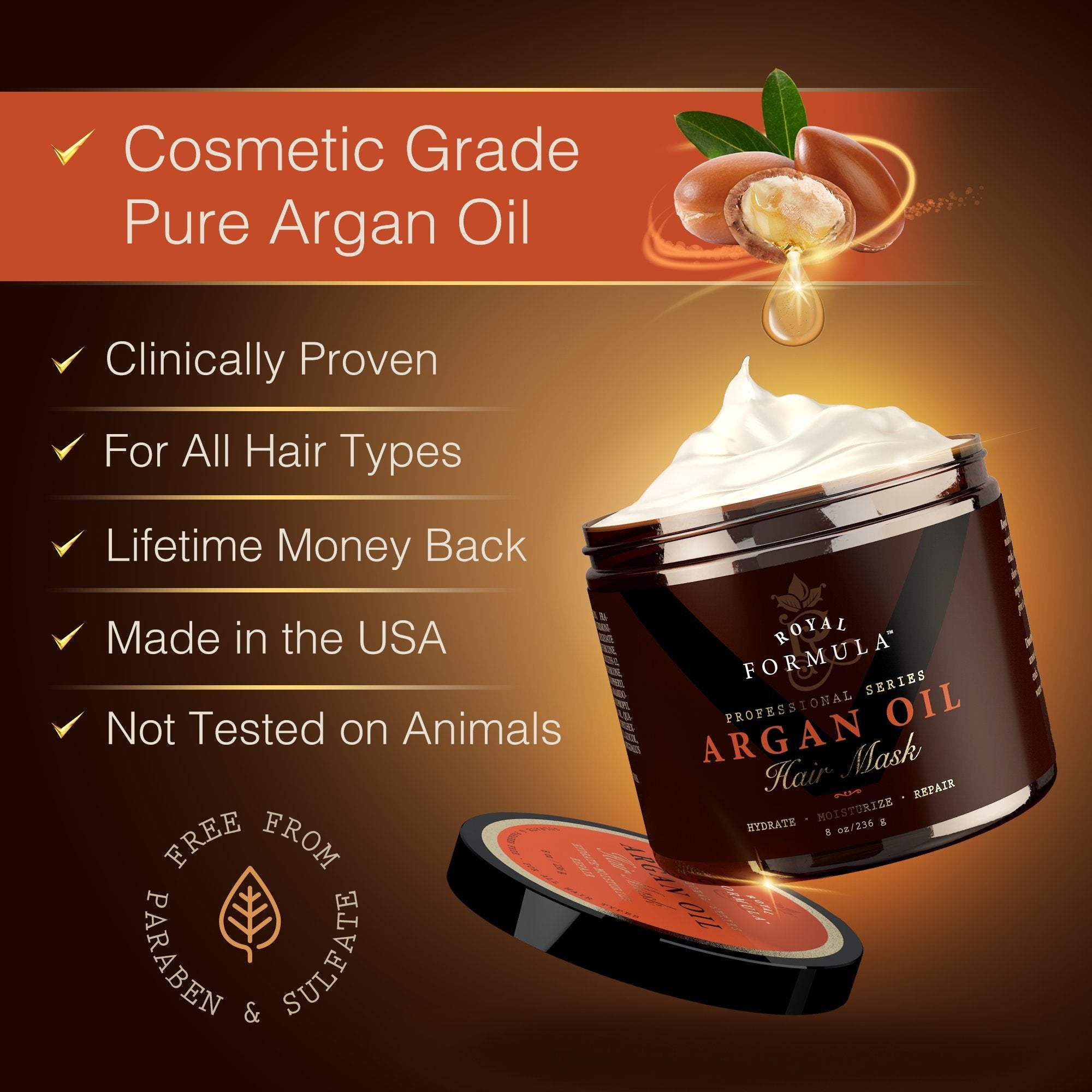 Argan Oil Hair Mask, 100% Organic Argan Almond Oils - Deep Conditioner Hair Treatment Therapy, Repair Dry, Damaged, Color Treated Bleached Hair - Hydrates Stimulates Hair Growth, 8 Oz