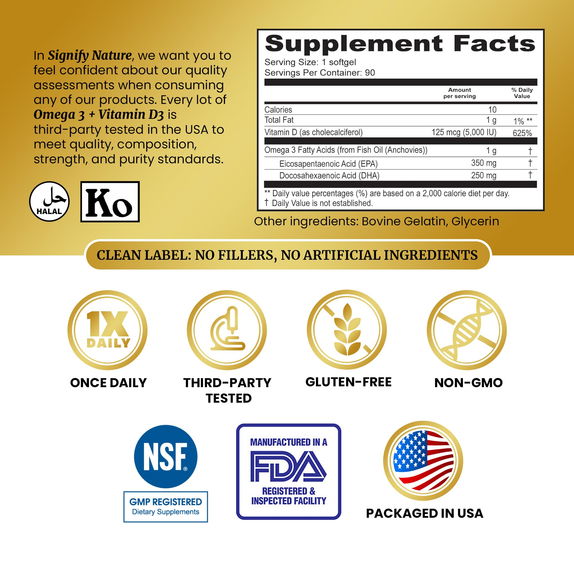 SIGNIFY NATURE Omega 3 Fish Oil Supplement with Vitamin D3 5000 IU - 1000mg Triglyceride Capsules for Brain Health - Omega3 EPA DHA + VIT D 3-90CT