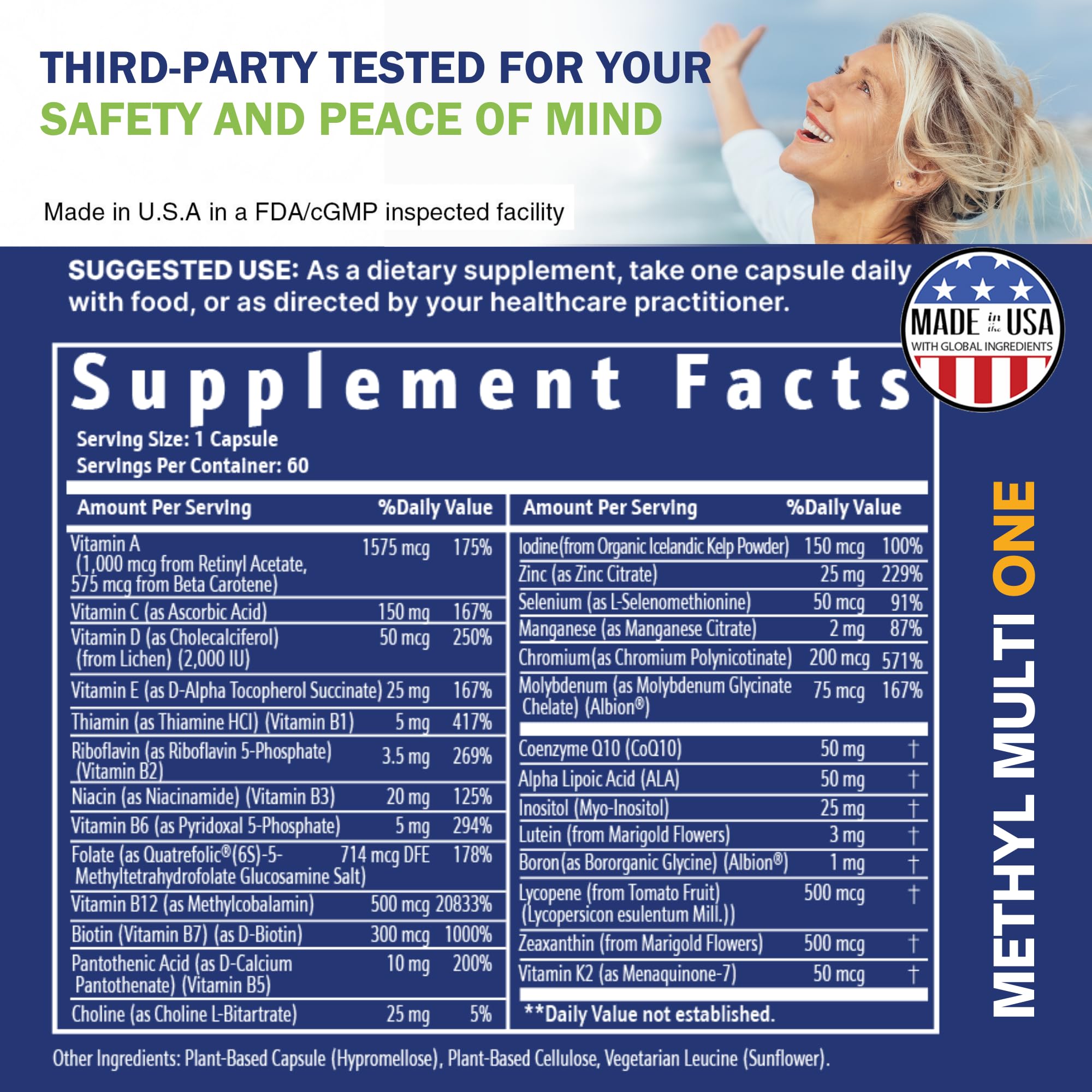 Power By Naturals Methyl Multi One - Iron-Free Methylated Multivitamin with Quatrefolic 5-MTHF, Active B12, P5P, CoQ10 & Zinc for MTHFR Support - Energy & Focus Formula - 60 Capsules (2-Month Supply)