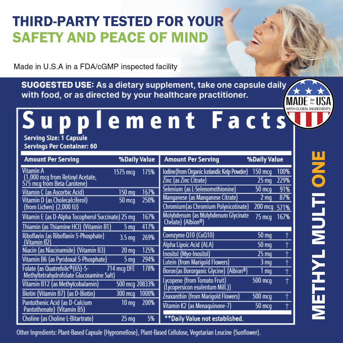 Power By Naturals Methyl Multi One - Iron-Free Methylated Multivitamin with Quatrefolic 5-MTHF, Active B12, P5P, CoQ10 & Zinc for MTHFR Support - Energy & Focus Formula - 60 Capsules (2-Month Supply)