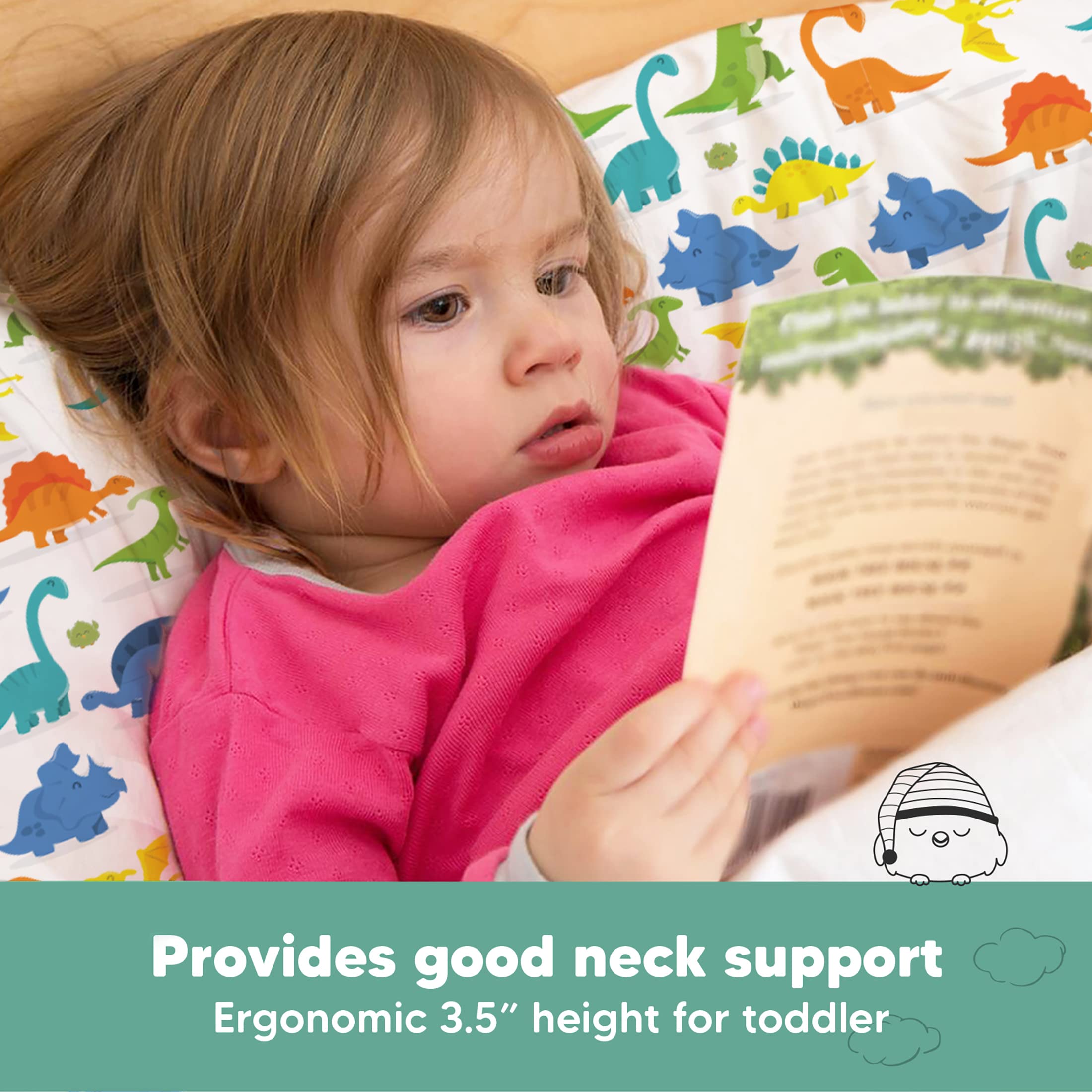 Toddler Pillow with Pillowcase - 13x18 My Little Dreamy Pillow, Organic Cotton Toddler Pillows for Sleeping, Kids Pillow, Travel Pillows, Mini Pillow, Nursery Pillow, Toddler Bed Pillow (Happy Dino)