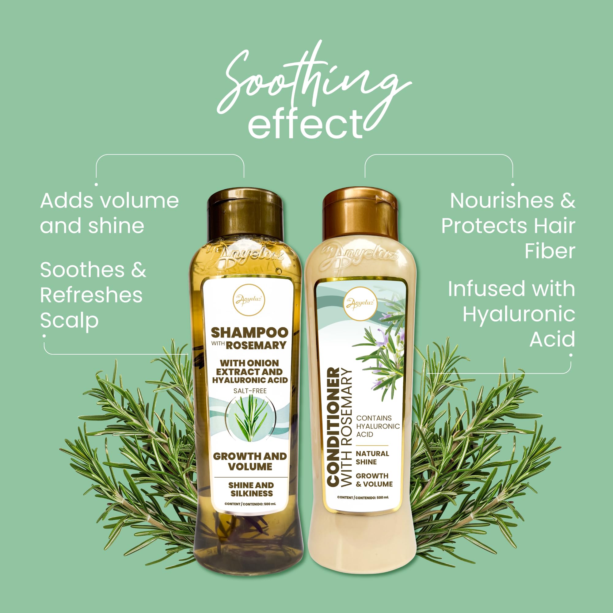 ANYELUZ Rosemary Shampoo and Conditioner Set - With Hyaluronic Acid and Natural Extracts, Strengthens and Hydrates Hair for Shine and Vitality