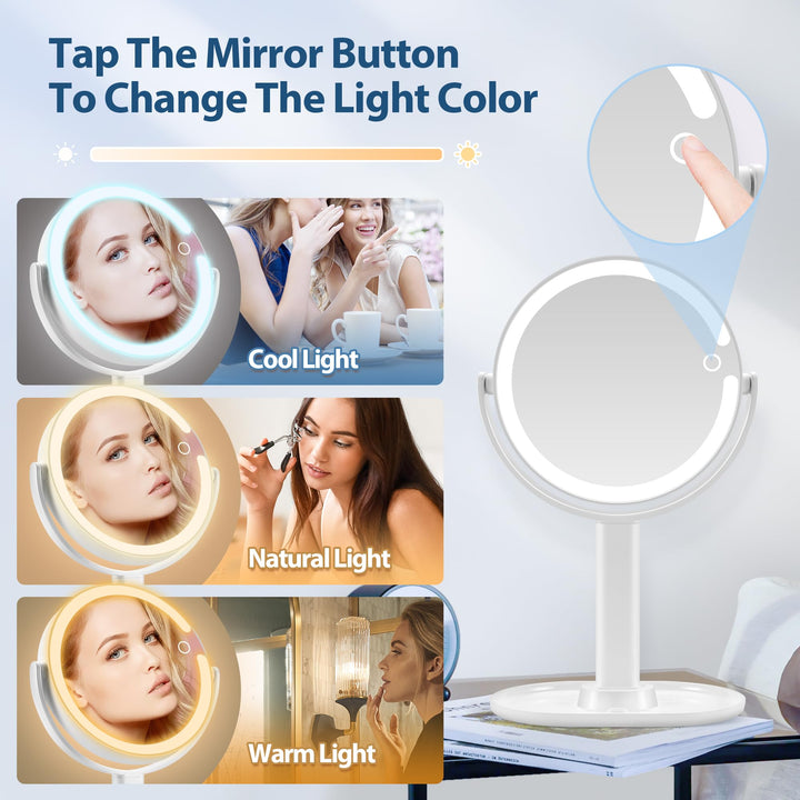MIYADIVA Lighted Makeup Mirror, Type-C Rechargeable 20X Magnifying Mirror, 2-Sided Vanity Mirror with 3 Adjustable Lighting Modes, Focus on Detailed Makeup, Bathroom, Travel, Gift for Women White