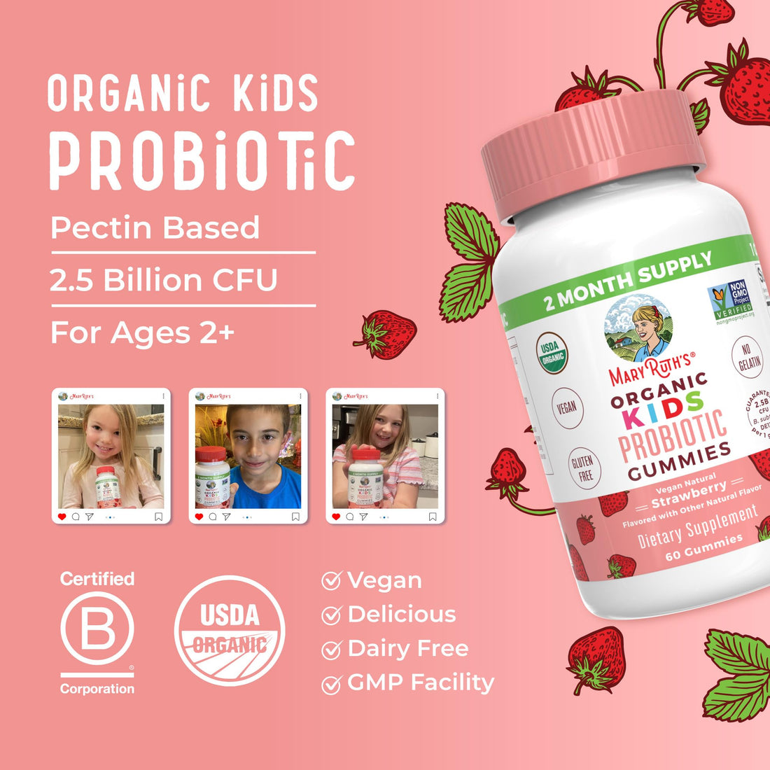MaryRuth Organics Kids Probiotics for Digestive Health | USDA Organic Probiotic Gummies | Probiotics for Kids | Immune Support | Gut Health Supplement | Vegan | Non-GMO | Gluten Free | 60 Count