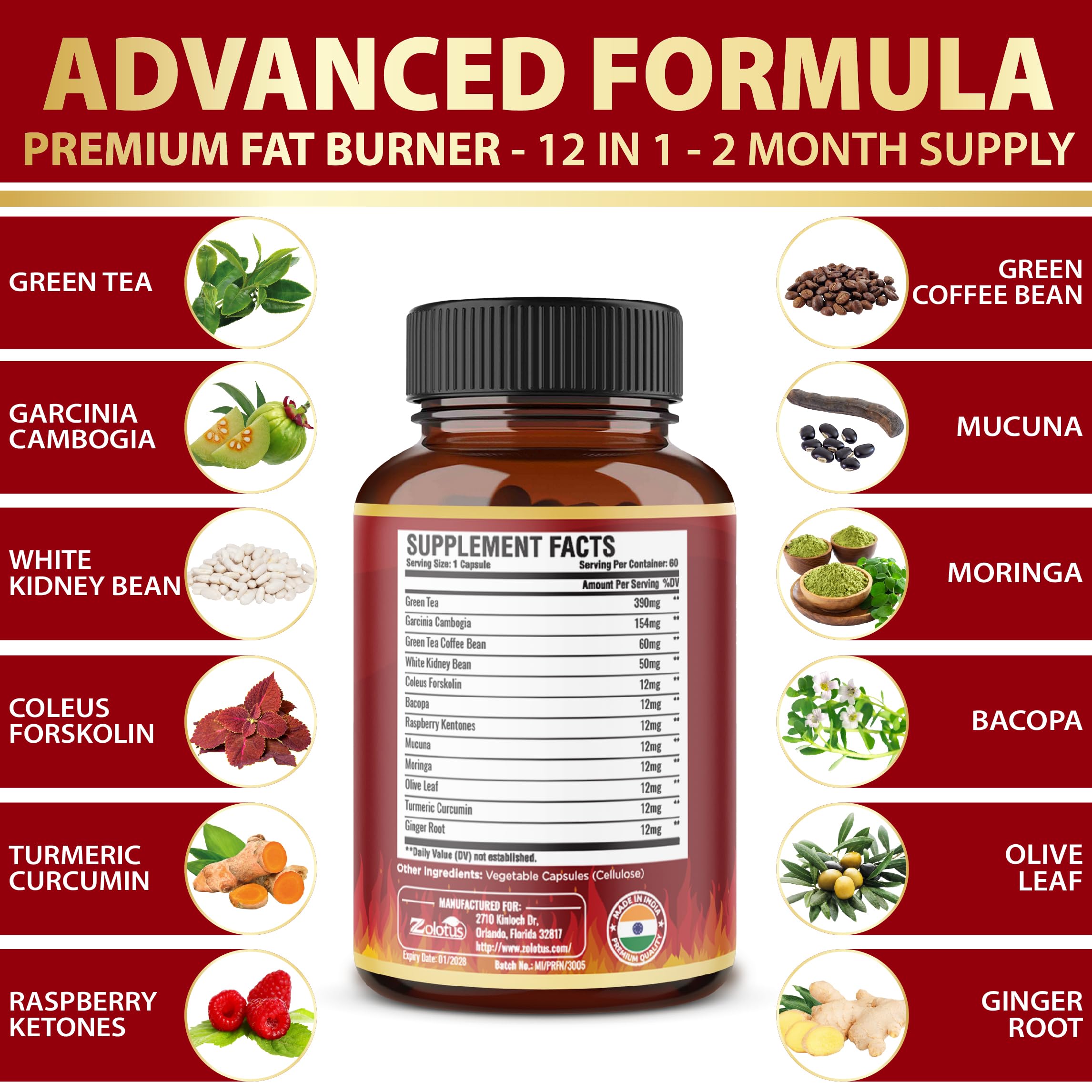 Premium Weight Loss Pills for Women, The Best Fat Burners for Women and Men, Energy Pills, High Potency with Green Tea Extract 98%, 2 Months Supply