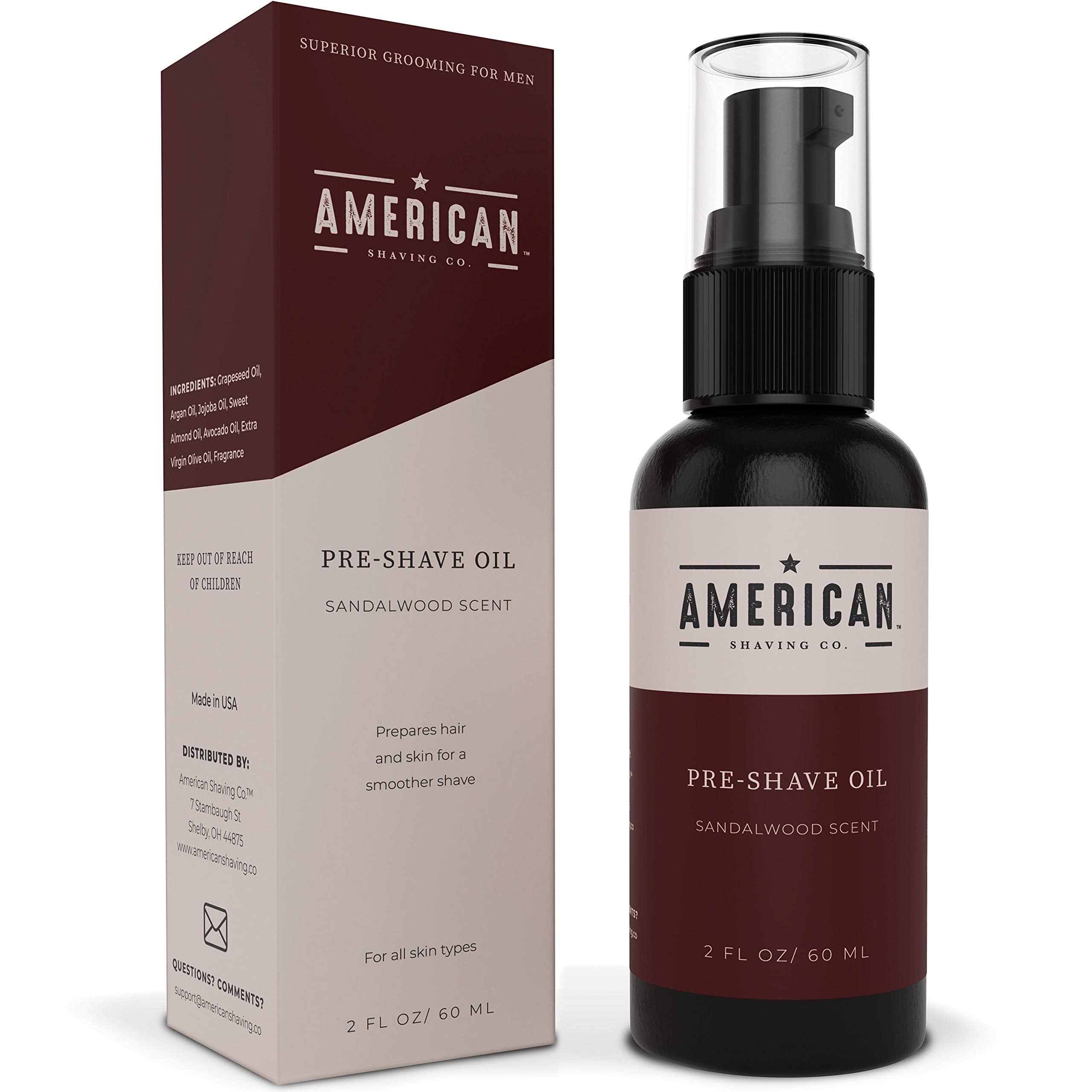 Pre-Shave Oil (Sandalwood Scent) for Effortless, Smooth & Irritation-free Shave, Natural Handcrafted Blend Argan & Jojoba Oil, Protects Razor Burn, Premium Pre-Shave Oil by American Shaving Co - 2 Oz