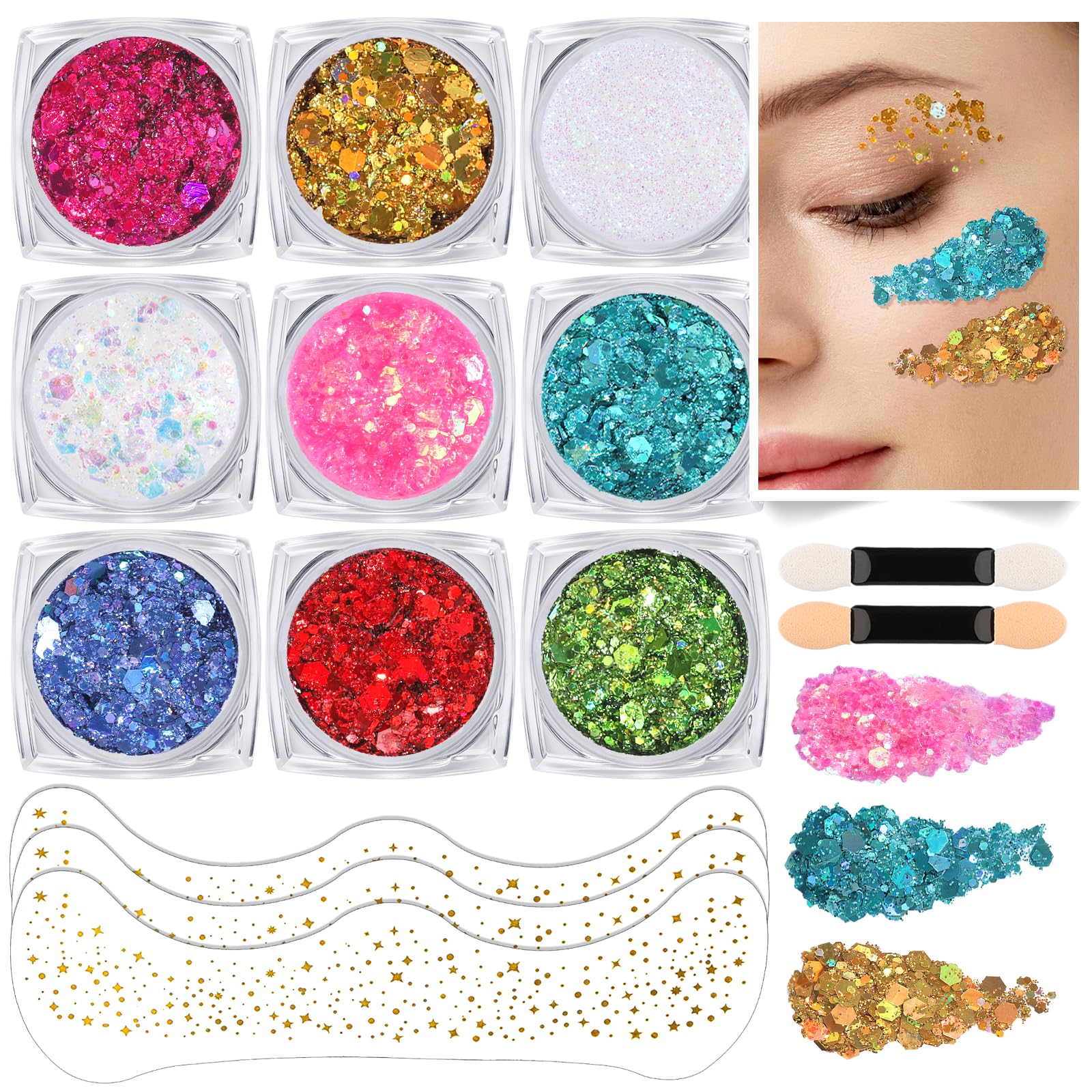 Teenitor 9 Color Face Glitter and 3 Gold Face Freckles Set - No Glue Needed Body Glitter Gel, Hair Glitter Festival Makeup for Parties, Halloween