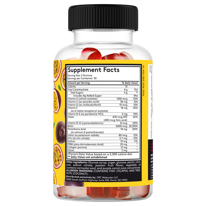 70 Hair Gummies Biotin 6000mcg Collagen Silicon PABA & Multivitamins | Hair Skin and Nails Vitamins Gummy for Women | B Complex Folic Acid 400mcg Vitamin A C D E & Zinc for Hair Growth | Pectin-Based