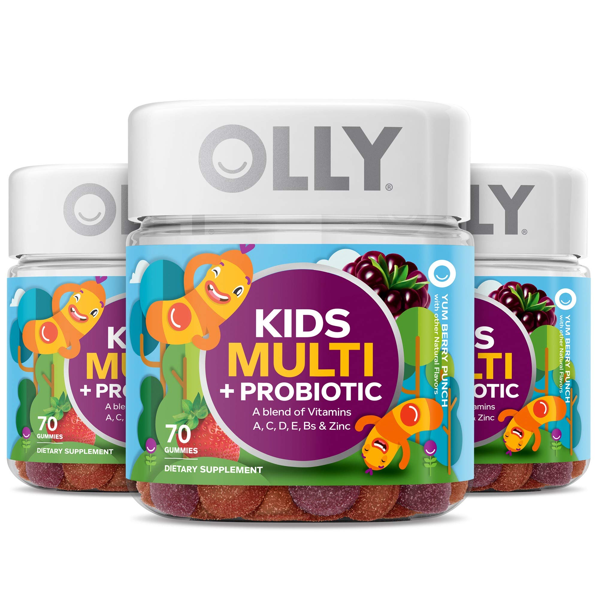 OLLY Kids Multivitamin + Probiotic Gummy, Vitamins A, C, D, E, B, Zinc, Probiotics, Chewable Supplement, Berry Flavor, 70 Count (3 Pack)