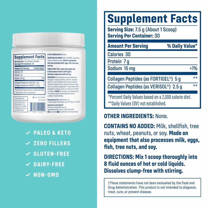 NativePath Joint Health Collagen Peptides, Type 1 & 3 Peptides, with Fortigel and Verisol, 7.9 Ounce, 30 Servings