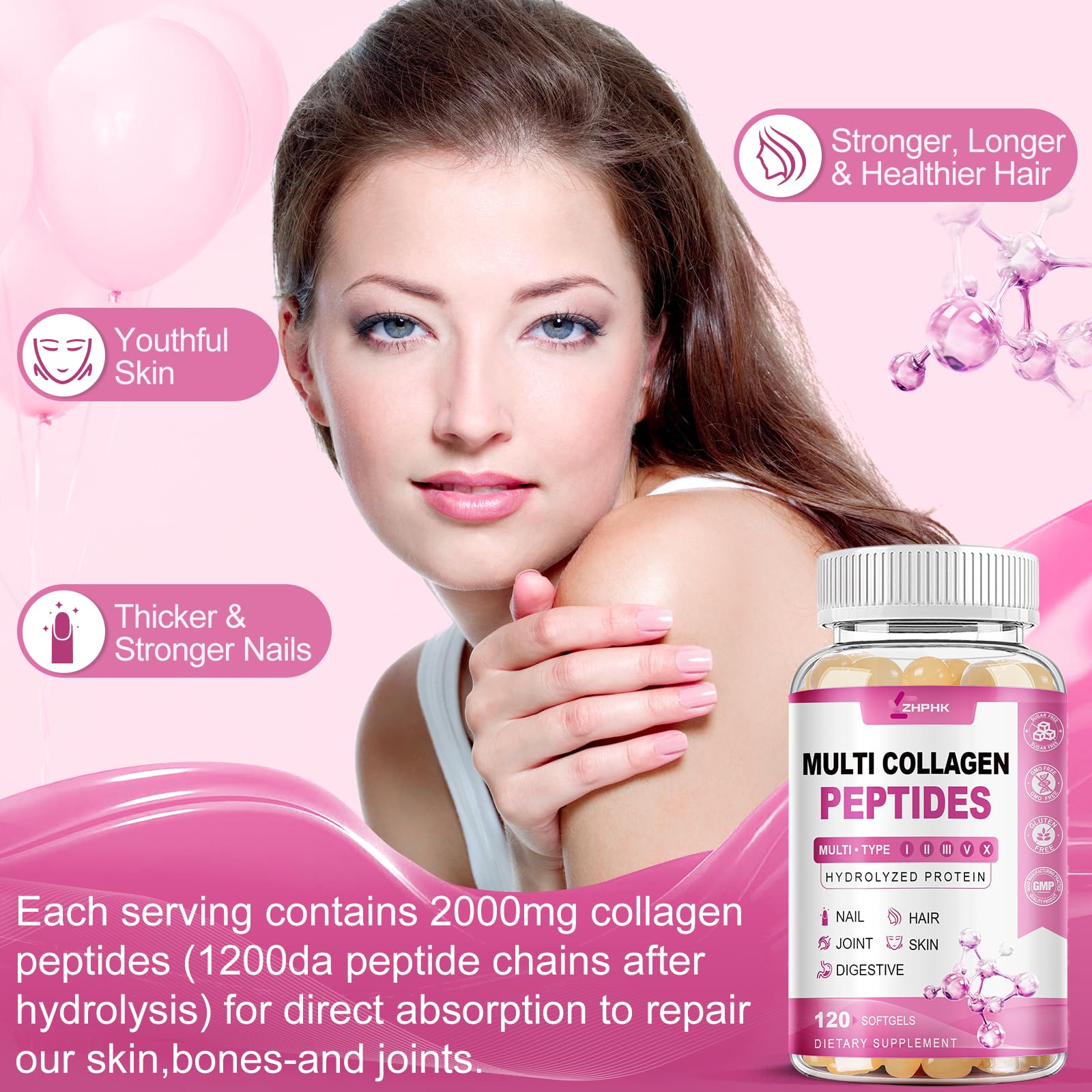 ZHPHK Multi Collagen Peptides for Women Hydrolyzed Collagen Complex Softgels 2000mg Collagen Supplement Type I II III V X with Hyaluronic Acid Biotin Vitamin C - Support Skin Hair Nail | 120 Count