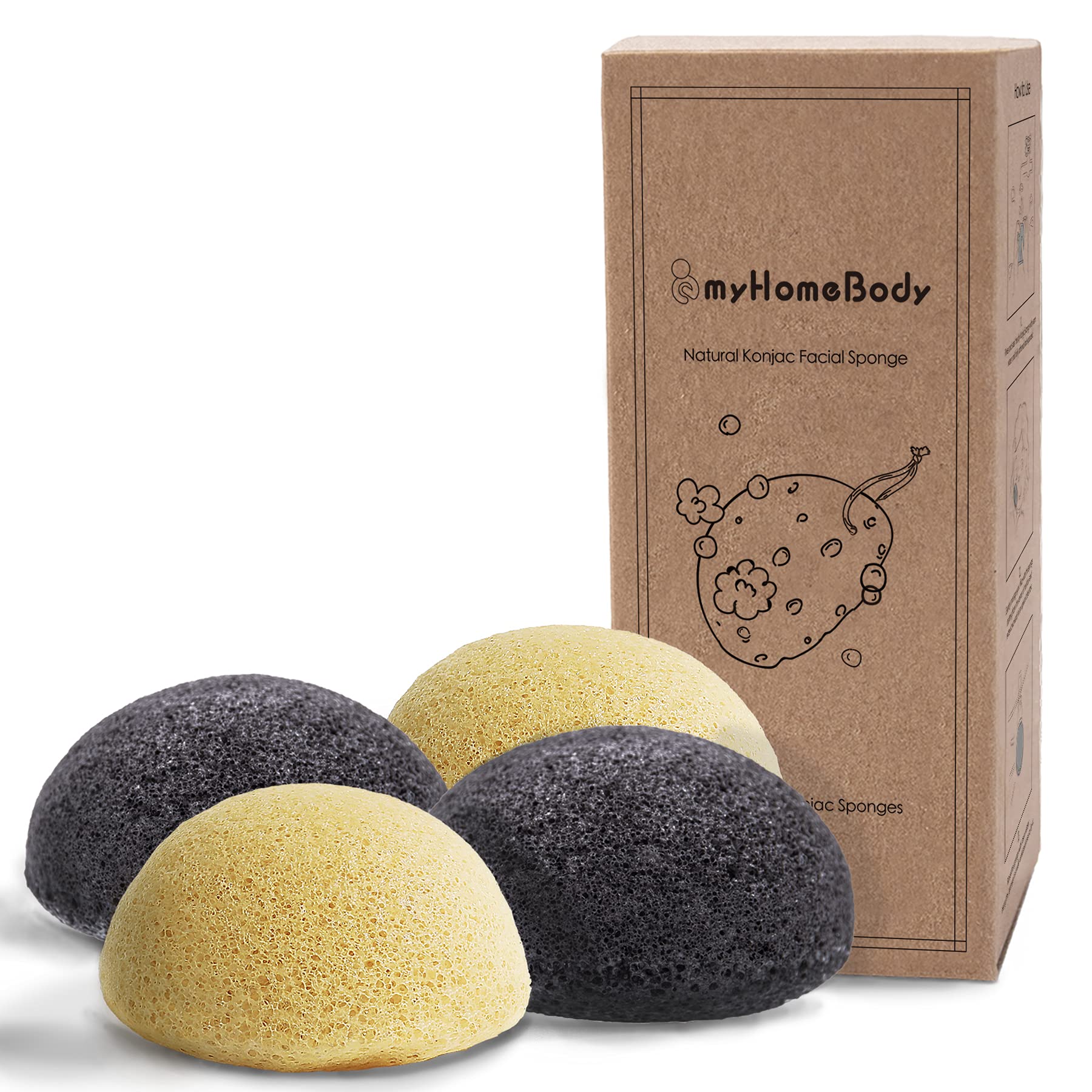myHomeBody Natural Konjac Facial Sponges - for Gentle Face Cleansing and Exfoliation - with Turmeric Yellow and Activated Charcoal, Set of 4