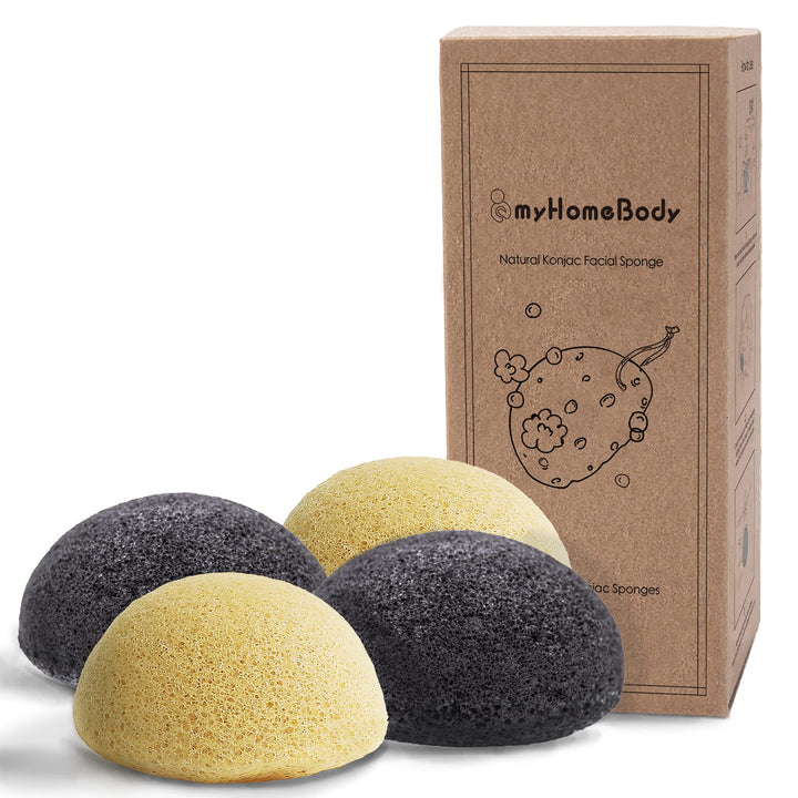 myHomeBody Natural Konjac Facial Sponges - for Gentle Face Cleansing and Exfoliation - with Turmeric Yellow and Activated Charcoal, Set of 4
