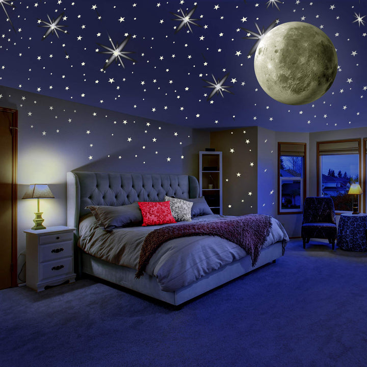 MAFOX Glow in The Dark Wall or Ceiling Stars with Moon Stickers – Luminous Decal Stickers for Simulated Moon Effect at Night – Ideal Kids Decor or Adults – for Kids Boys Girls