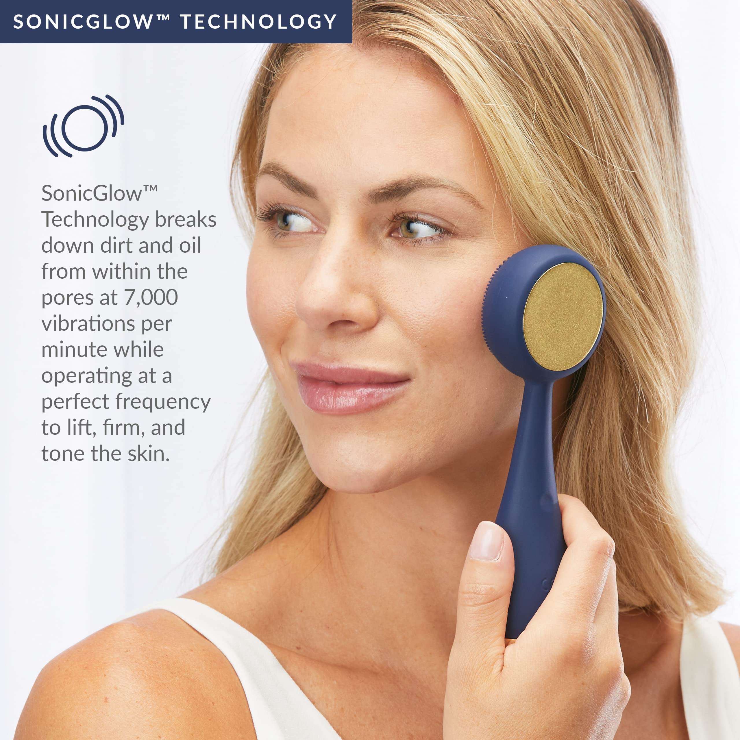 PMD Clean Pro - Smart Facial Cleansing Device with Silicone Brush & ActiveWarmth Anti-Aging Massager - Waterproof - SonicGlow Vibration Technology - Lift, Firm, and Tone Skin on Face and Body - Navy