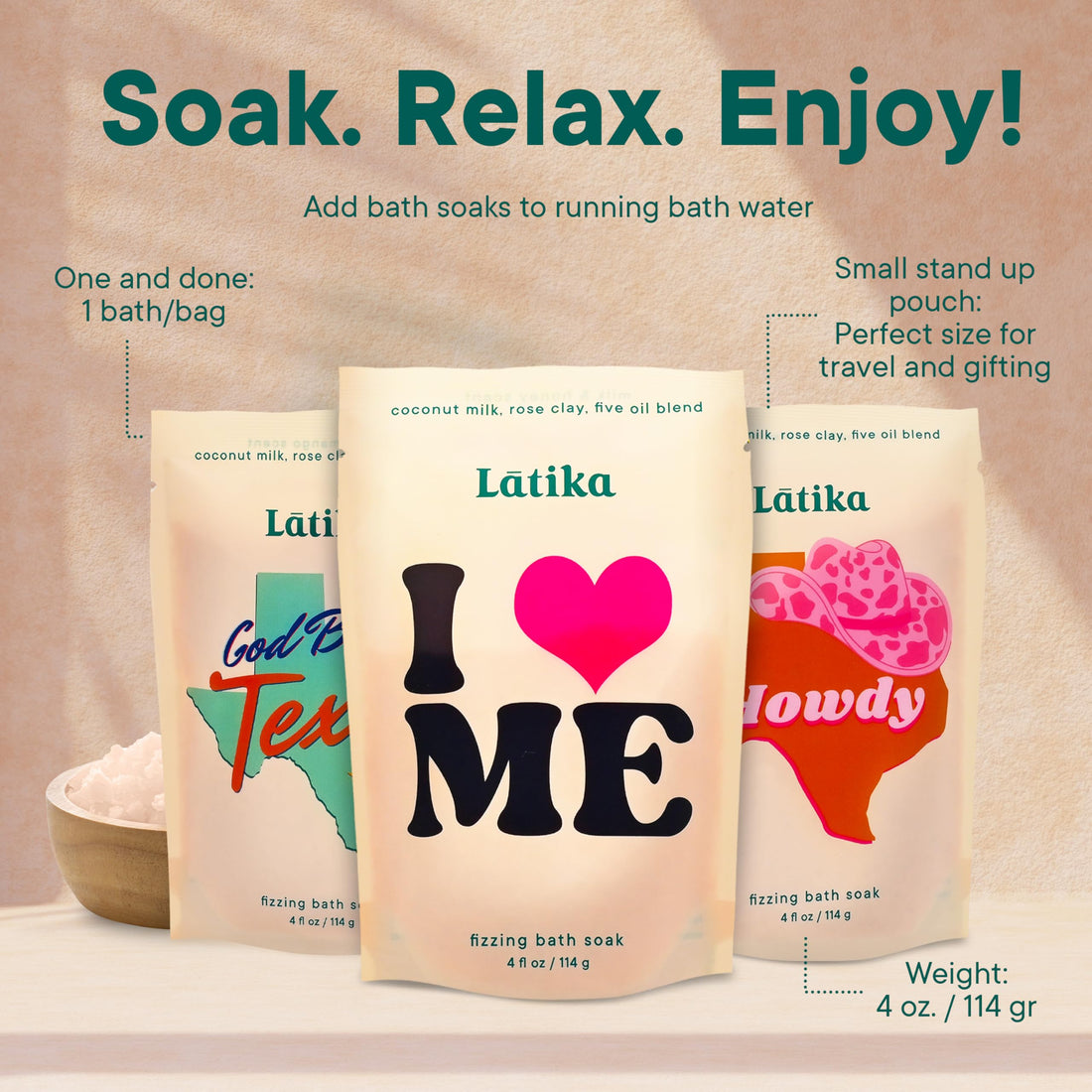 Latika Bath Soaks Set of 3 - Texas, Howdy, I Heart Me - Moisturizing Fizzing Bath Soak for Stress Relief & Muscle Recovery with Essential Oils, Epsom Salt & Natural Scents - Self-Care Spa Gift
