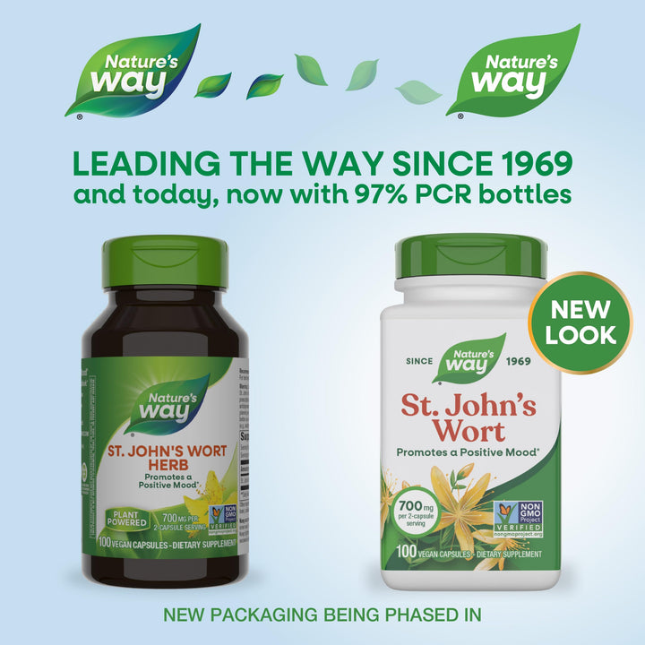 Nature's Way St. John's Wort Herb, Promotes a Positive Outlook*, 700 mg per 2-Capsule Serving, Non-GMO Project Verified, Vegan, 100 Capsules (Packaging May Vary)
