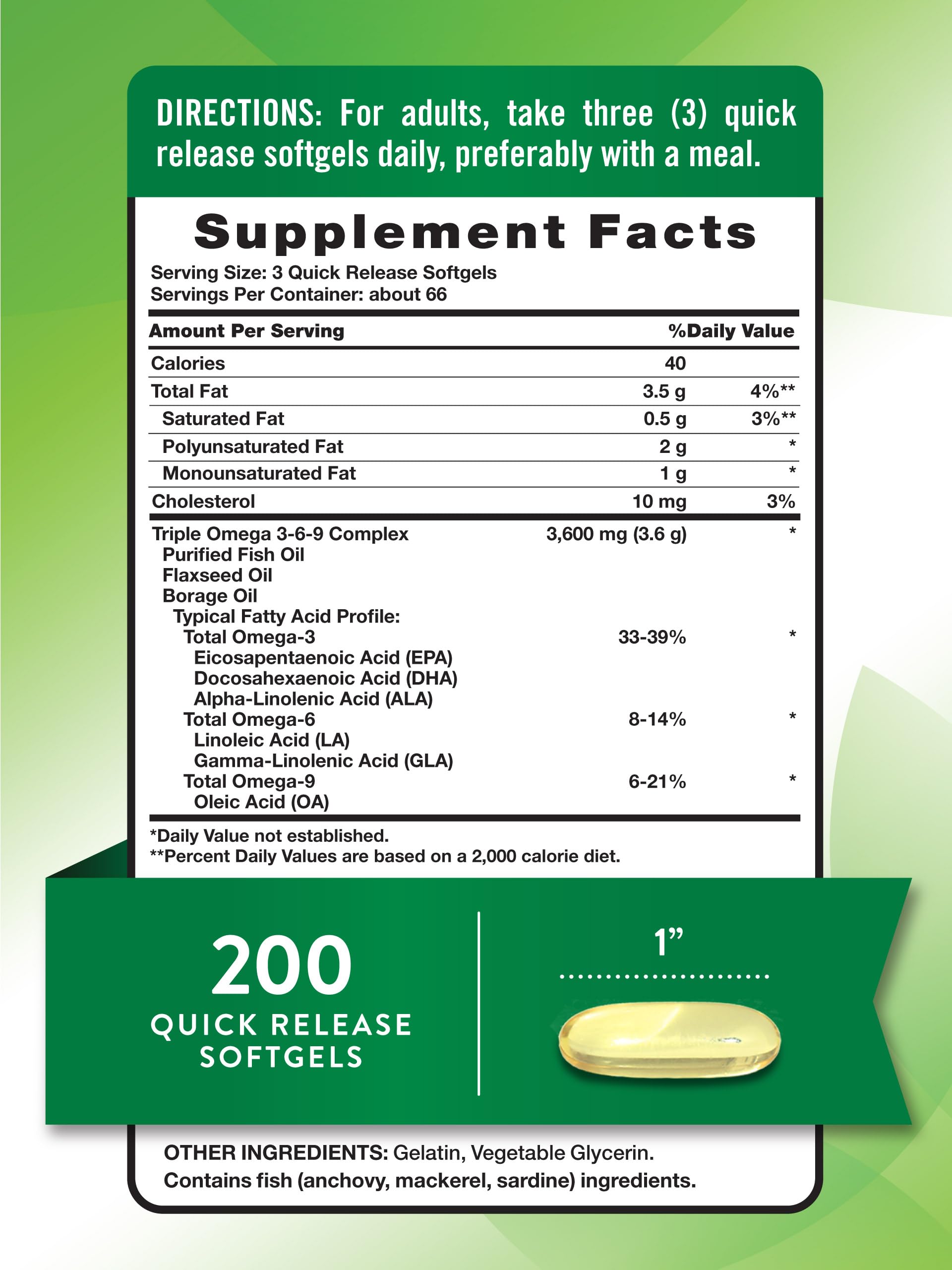 Nature's Truth Triple Omega 3 6 9 | 3600mg | 200 Softgels | Fish, Flax, Borage Oils Supplement | Non-GMO & Gluten Free Supplement