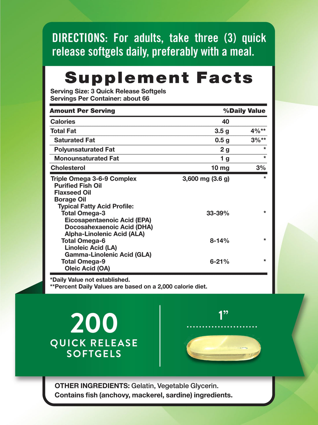 Nature's Truth Triple Omega 3 6 9 | 3600mg | 200 Softgels | Fish, Flax, Borage Oils Supplement | Non-GMO & Gluten Free Supplement