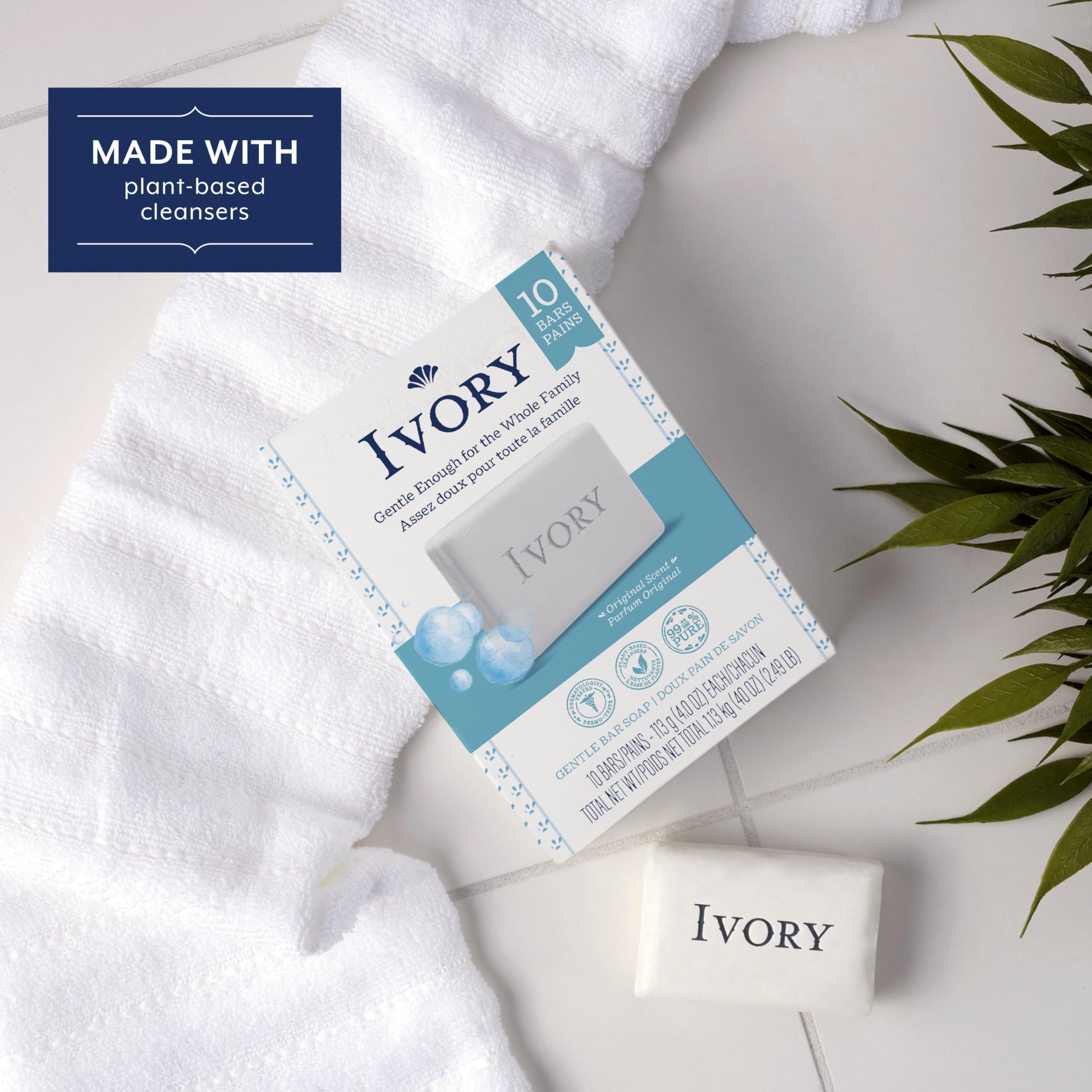 Ivory Gentle Bath Bar Soap, Family Pack, Designed for Whole Family, 99.44% Pure Formula w/ Plant-Based Cleansers, Made Without Heavy Perfumes, Parabens or Phthalates, Original Scent, 4.0 oz (10 Count)