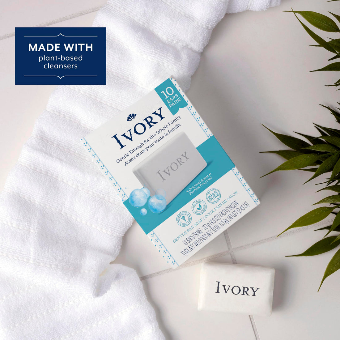 Ivory Gentle Bath Bar Soap, Family Pack, Designed for Whole Family, 99.44% Pure Formula w/ Plant-Based Cleansers, Made Without Heavy Perfumes, Parabens or Phthalates, Original Scent, 4.0 oz (10 Count)