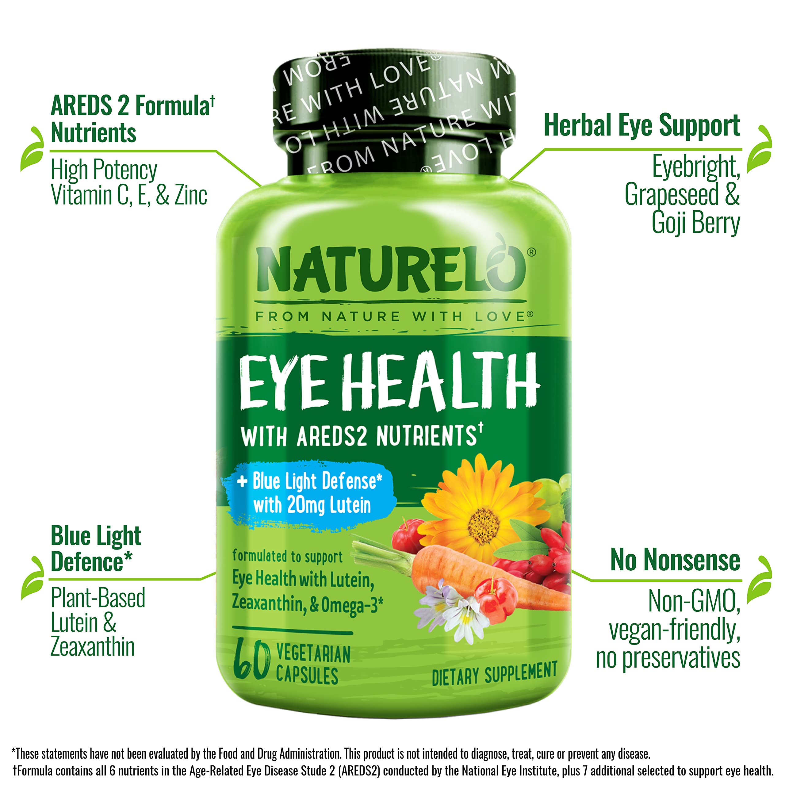 NATURELO Eye Vitamins - AREDS 2 Formula Nutrients with Lutein, Zeaxanthin, Vitamin C, E, Zinc, Plus DHA - Supplement for Dry Eyes, Healthy Vision, Eye Support - 60 Vegan Capsules