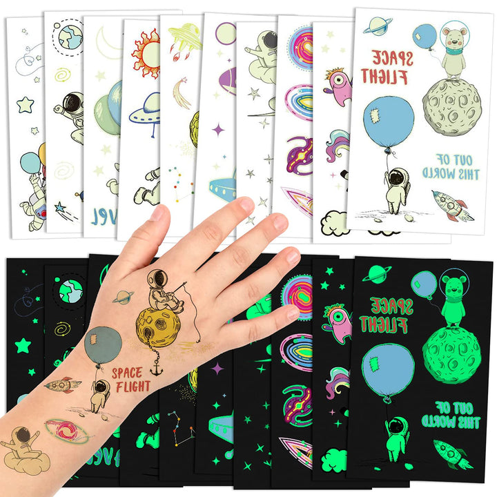 PHOGARY 20 Sheets Space Tattoos Stickers for Kids (Glow in the Dark), Children Fake Tattoos, Funny Temporary Tattoos as Outerspace Party Favors for Boys Girls Birthday, Waterproof