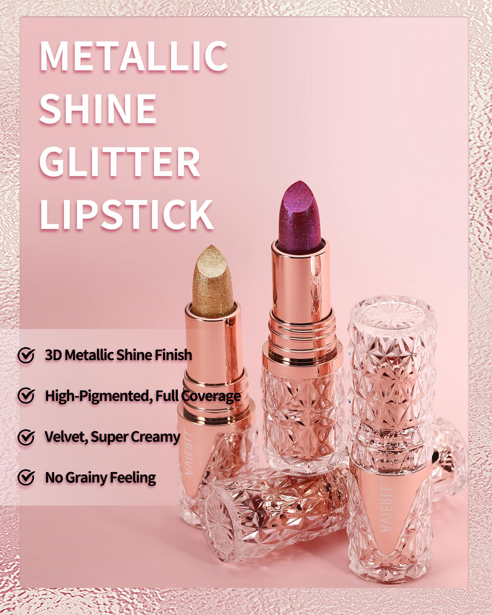 Metallic Glitter Pink Lipstick Long Lasting,Diamond Shimmer Liquid Lipstick Transfer Proof Non-Stick Nude Lip Gloss,High Pigmented Lip Color Creamy Lip Stick Makeup for Women-04