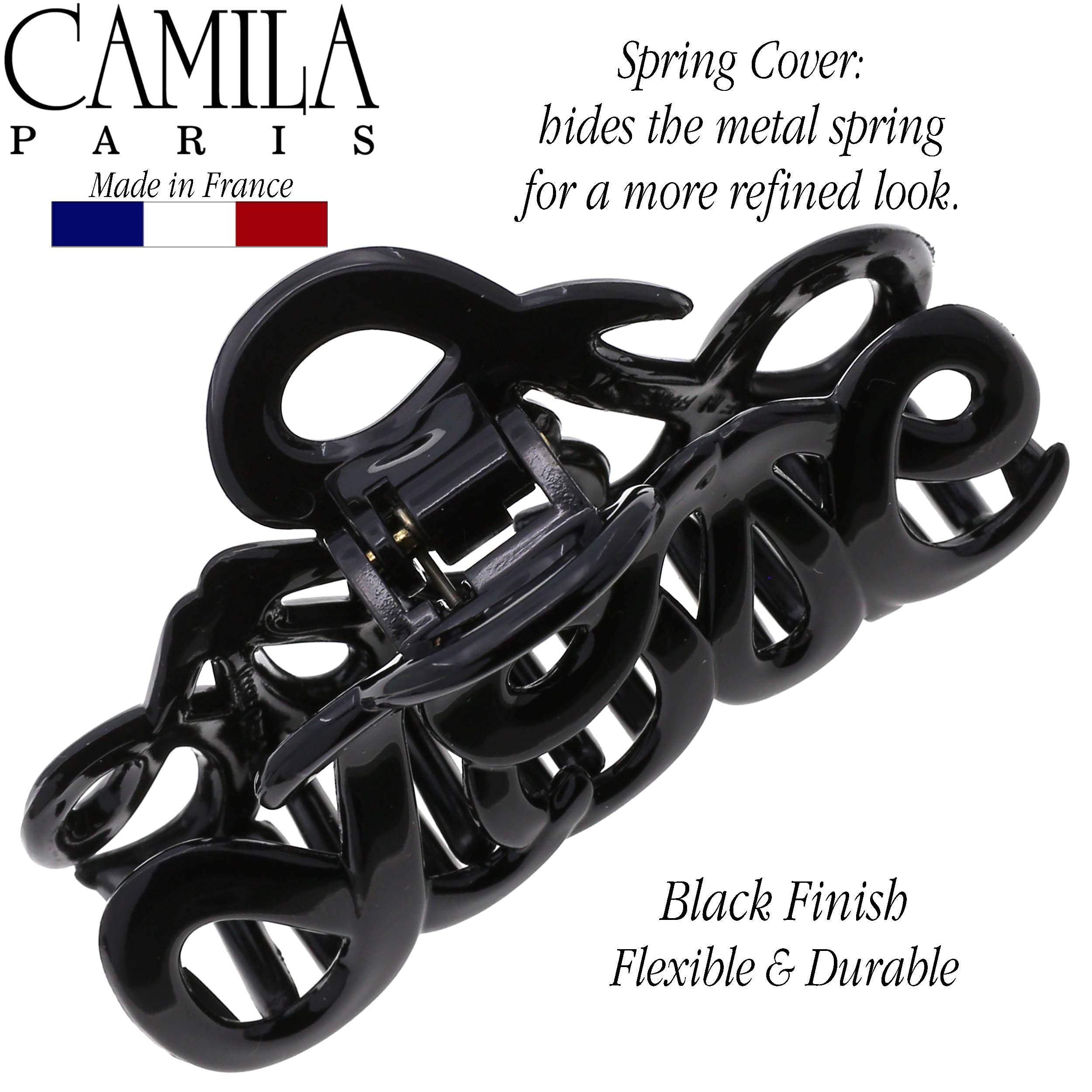 Camila Paris CP3026 French Hair Clip for Women, 3.25 inch Girls Hair Claw Clips Jaw Black Cellulose, Fashion Durable and Styling Hair Accessories for Women, Strong Hold No Slip Grip, Made in France