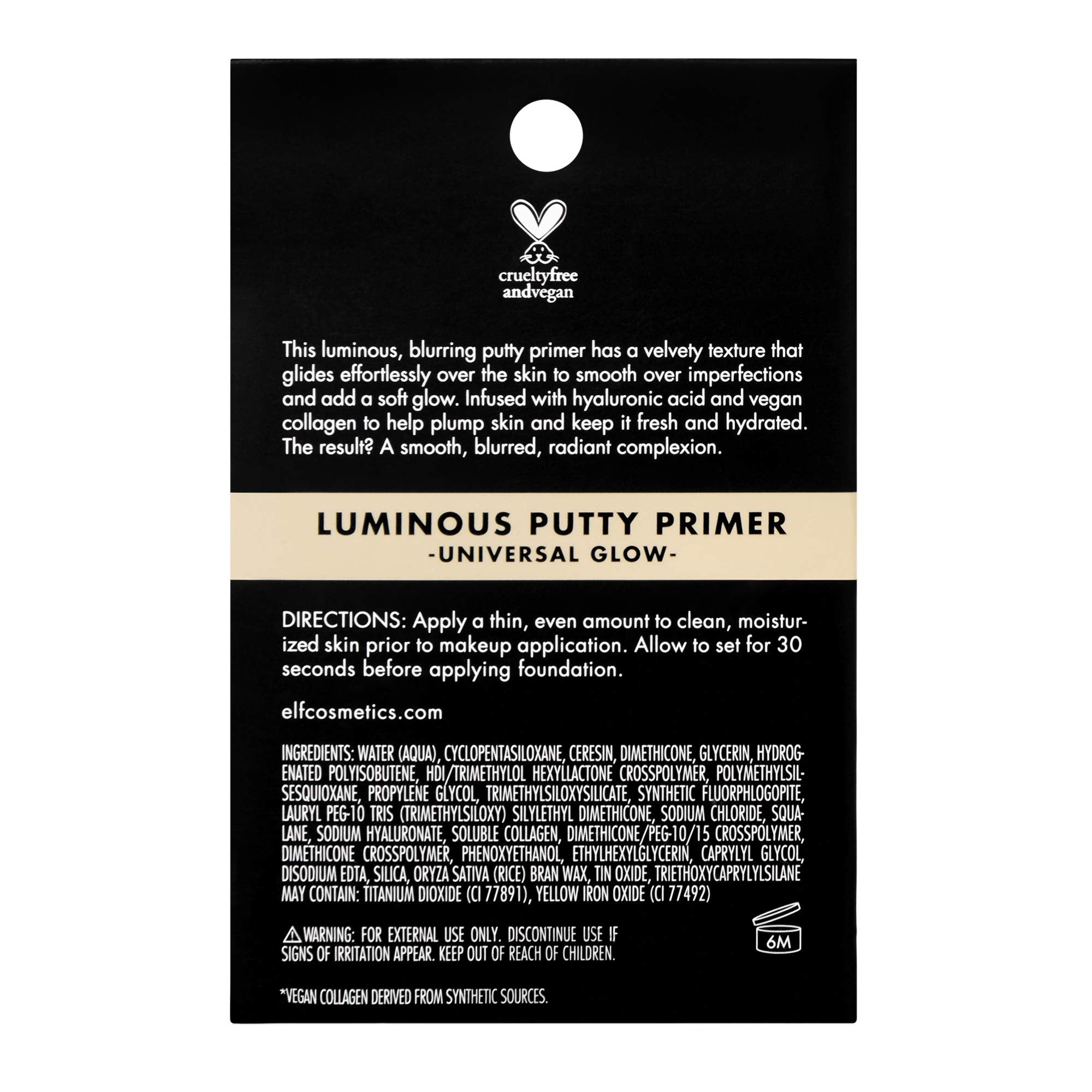 e.l.f, Luminous Putty Primer, Skin Perfecting, Lightweight, Silky, Long Lasting, Hydrates, Creates a Smooth Base, Illuminates, Plumps, Infused with hyaluronic acid and vegan collagen, 0.74 Oz