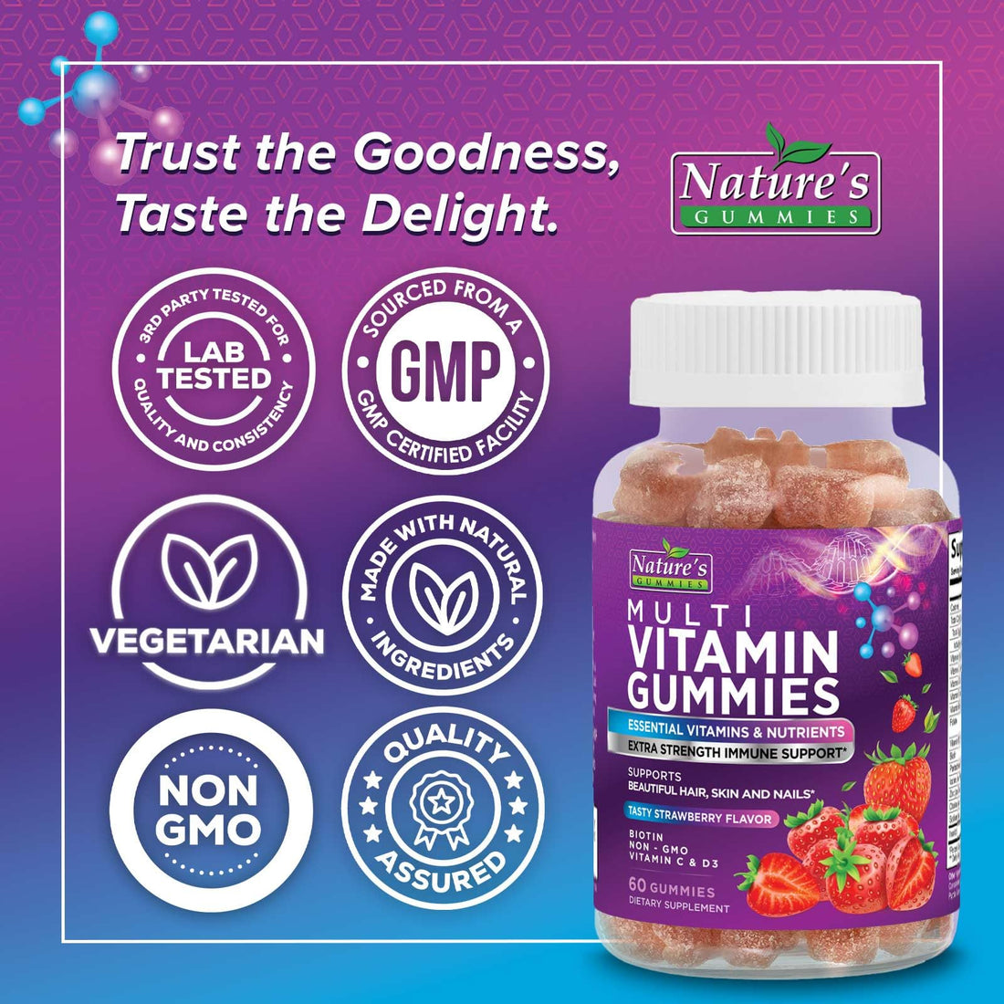 Multivitamin Gummies - Adult Gummy Vitamins for Women & Men, Nature's Daily Gummy Multivitamins for Adults, Vitamins A, C, E, B6, B12 - Multi Vitamin Supplement, Non-GMO, Berry Flavored - 60 Gummies