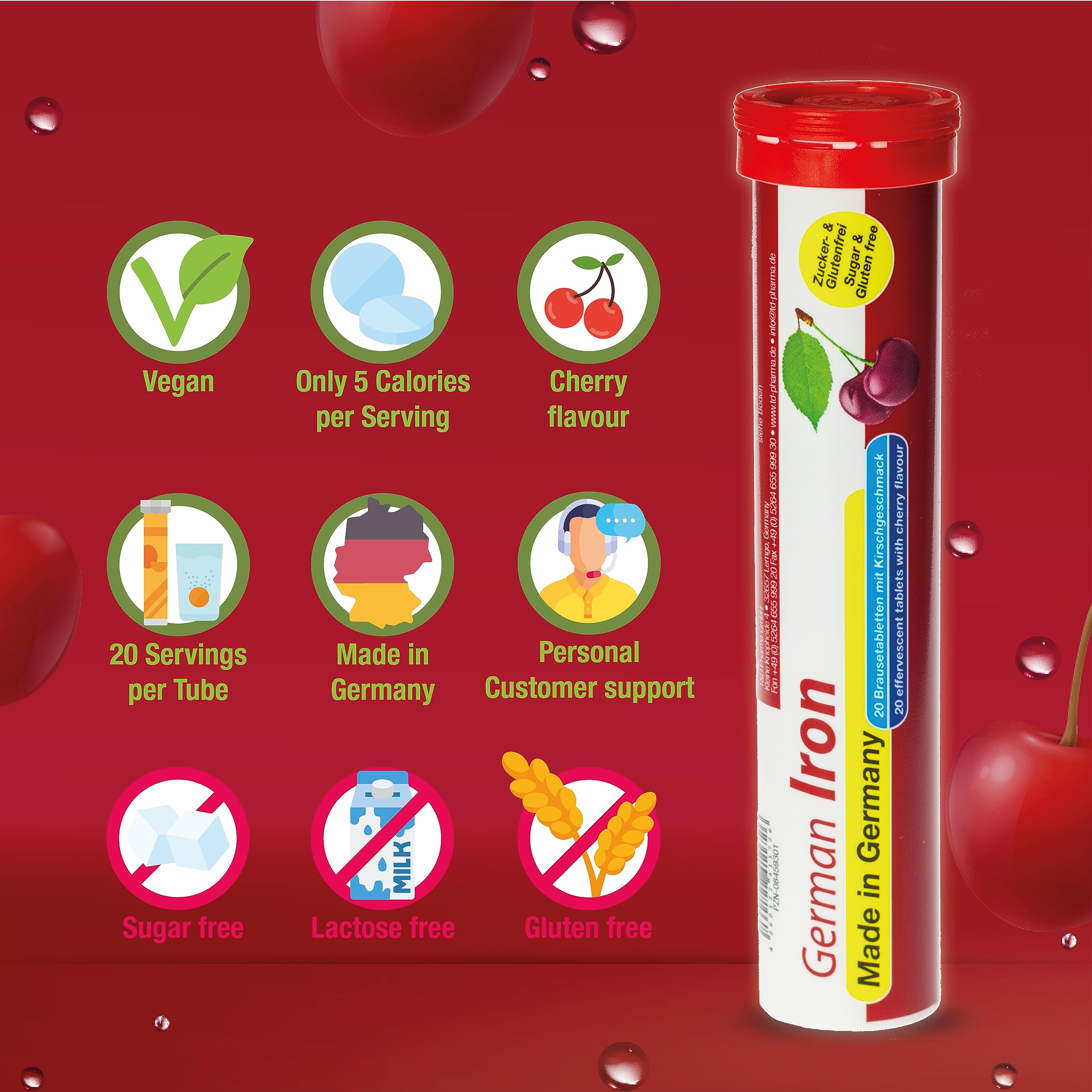 T&D German Iron 14 mg - 140 Vegan Drink Effervescent Tablets - Cherry Flavor - Made in Germany