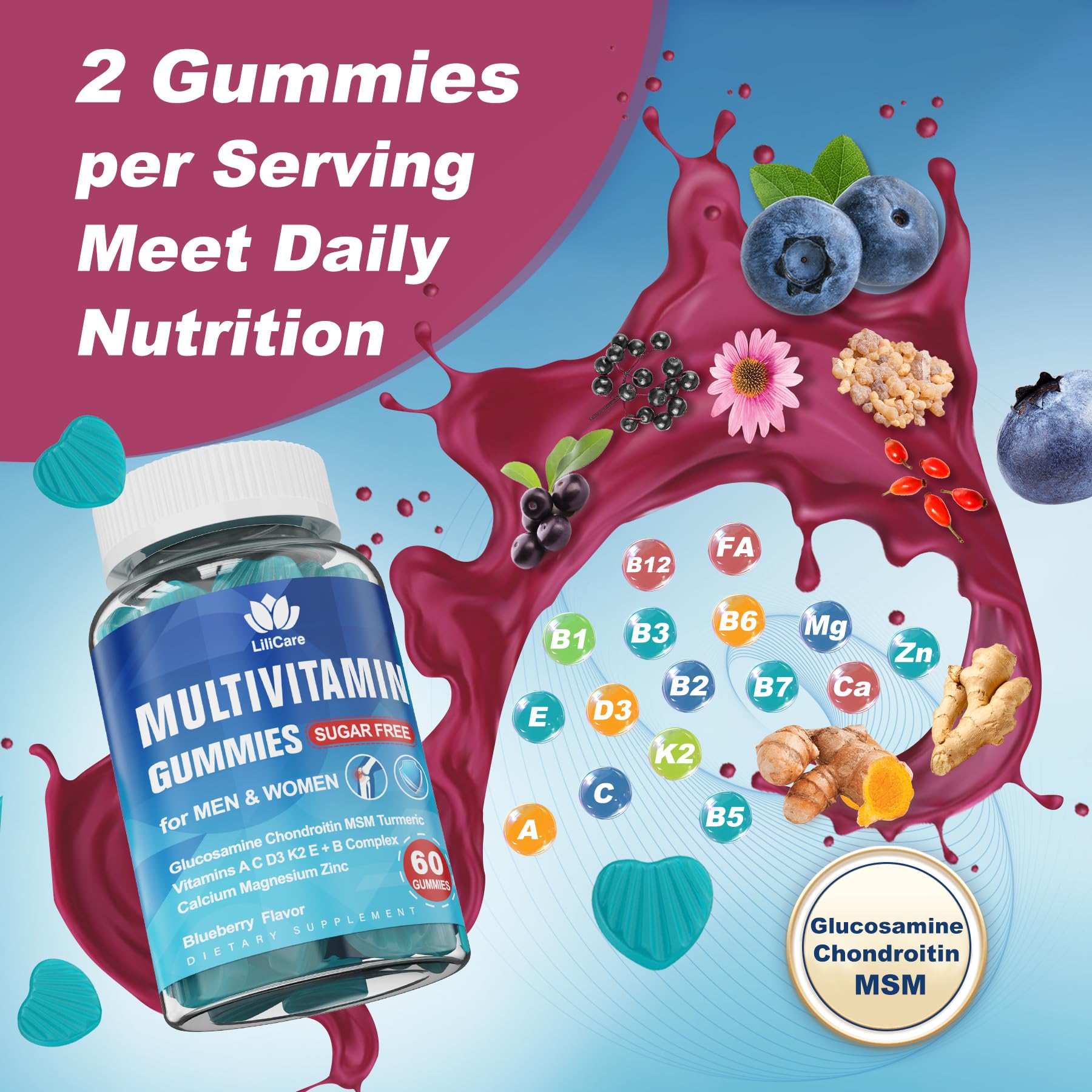 Sugar Free Methylated Multivitamin for Men & Women 50 Plus with Glucosamine Chondroitin MSM, Iron Free Gummies for Senior with Multi Vitamin D3 K2 & A C E, B Complex, Algae Calcium Magnesium - 60Cts