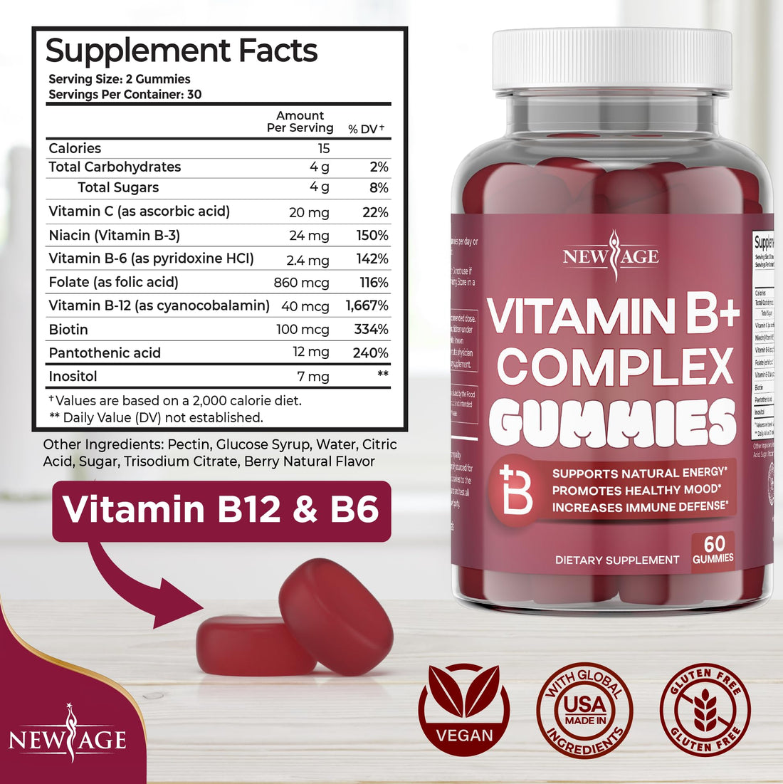 NEW AGE Vitamin B Complex Gummies with Vitamin B3, B5, B6, B7, B9 & B12 – with Biotin, Folic Acid & Vitamin C – Gluten-Free, Vegan, Made in The USA! (60 Count (Pack of 1))