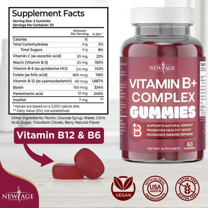 NEW AGE Vitamin B Complex Gummies with Vitamin B3, B5, B6, B7, B9 & B12 – with Biotin, Folic Acid & Vitamin C – Gluten-Free, Vegan, Made in The USA! (60 Count (Pack of 1))