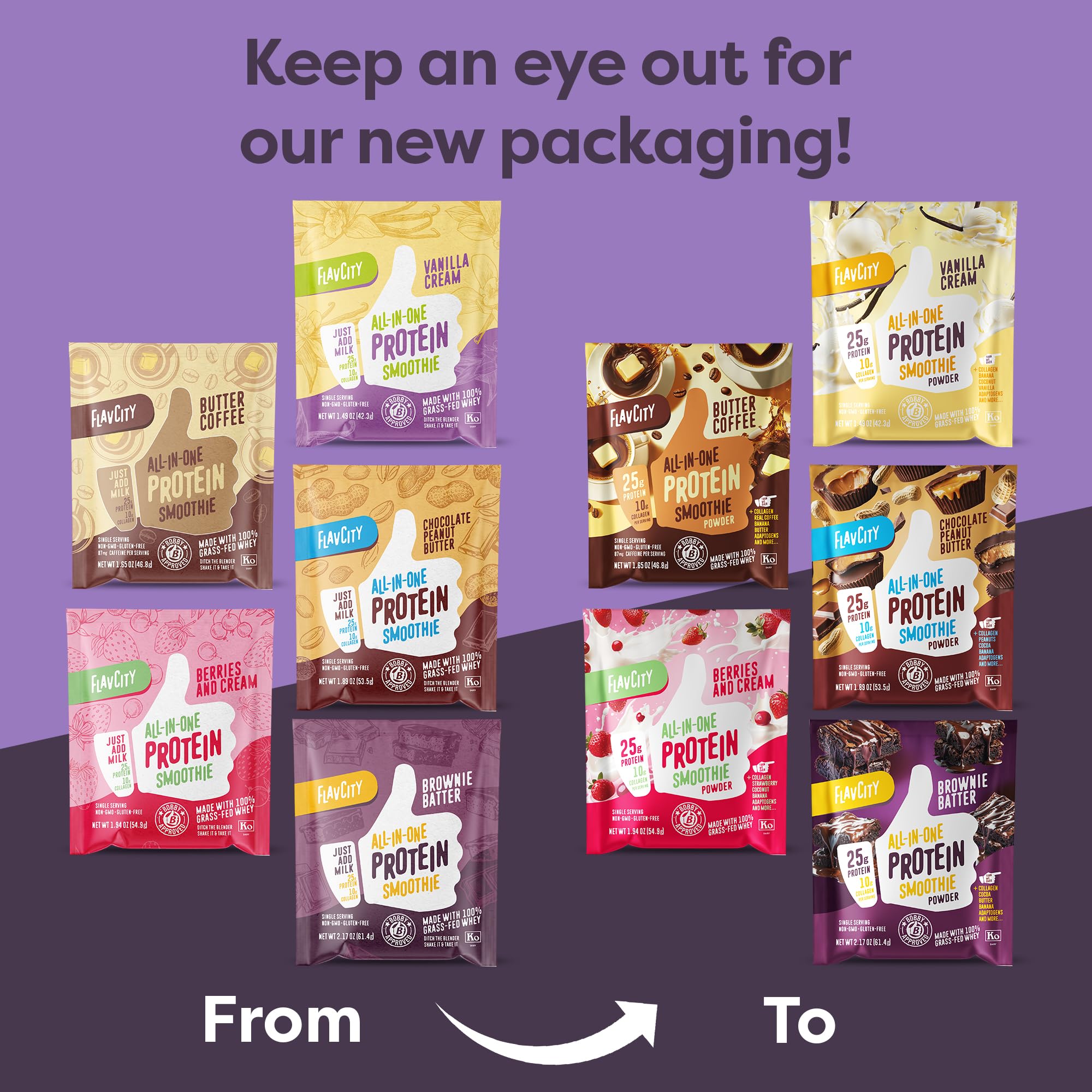 FlavCity All-in-One Protein Smoothie Powder, Variety Pack (5 Single Serve Packets) - 100% Grass-Fed Whey Protein Powder with 25g Protein & 10g Collagen - Gluten-Free Pre Workout & Post Workout Drink