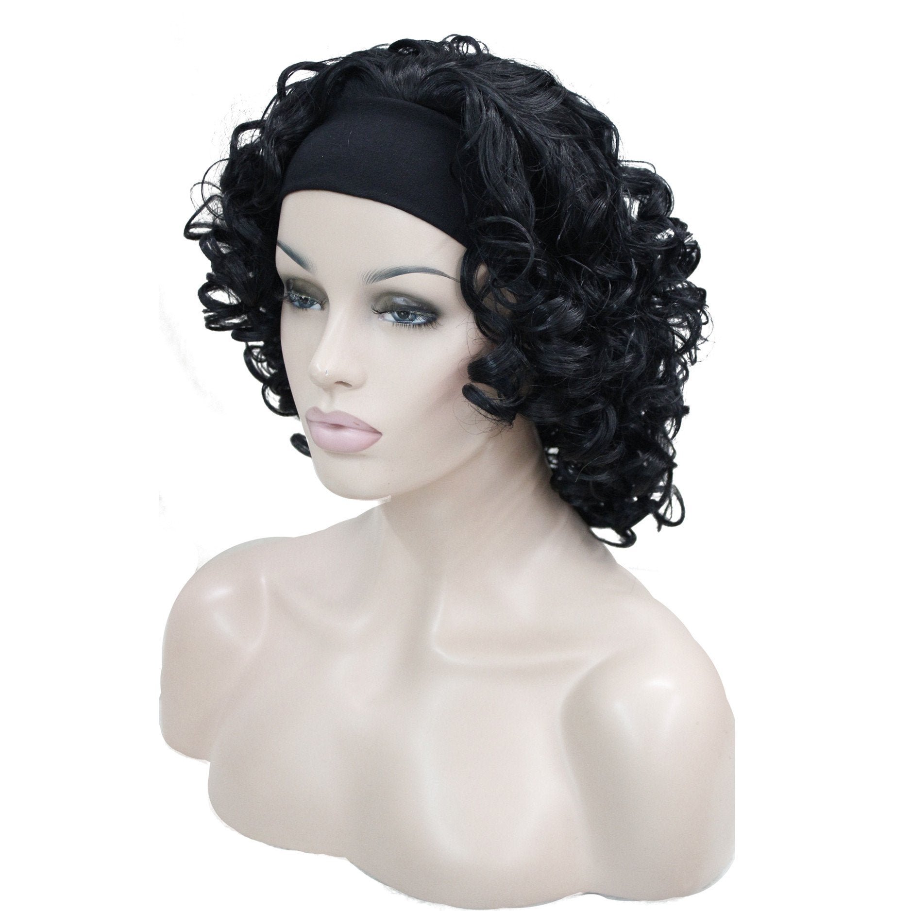 #1 Jet Black : Lydell Short Super Curly Dark Brown Synthetic HEADBAND Wig (#1 Jet Black)