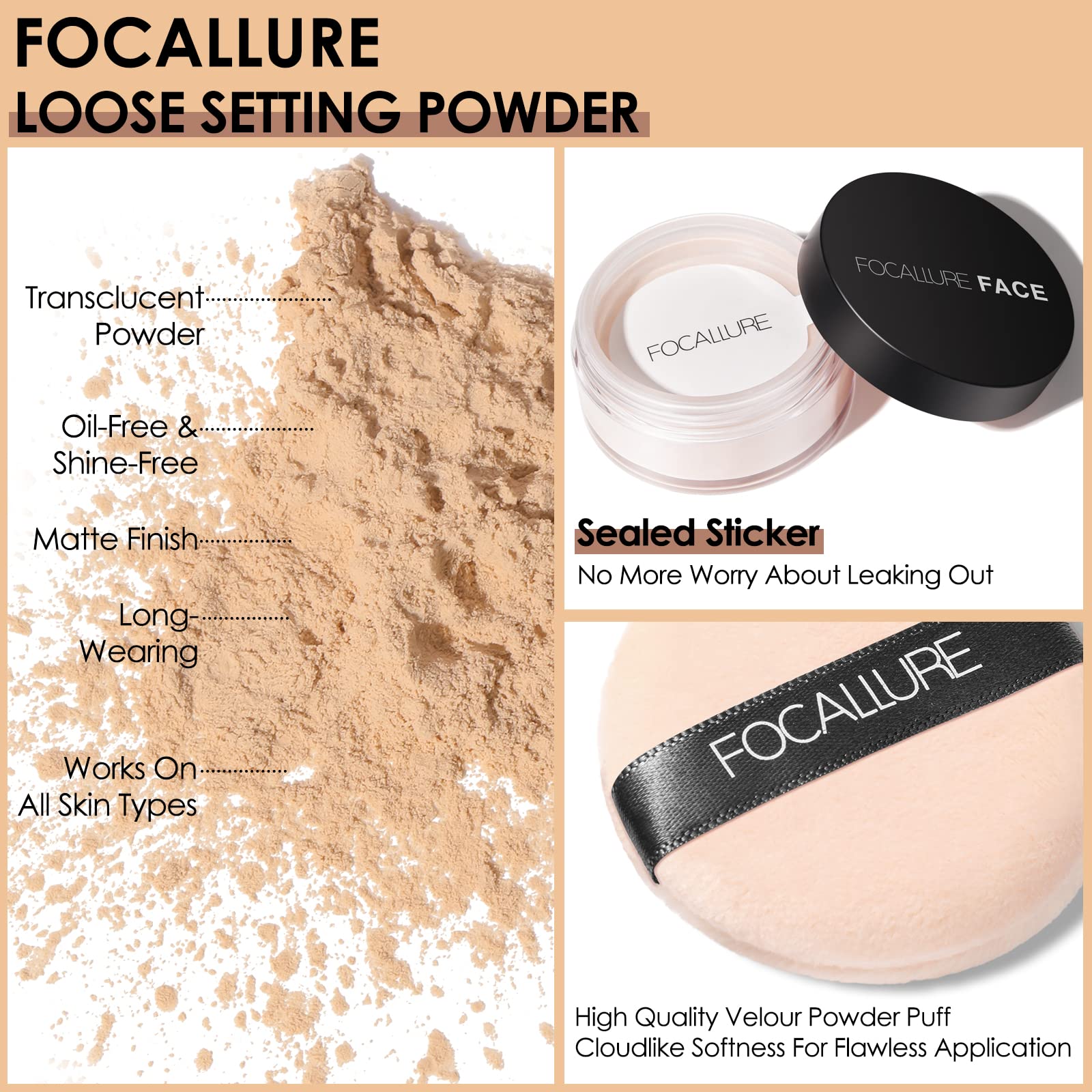FOCALLURE Oil Control Loose Face Powder, Translucent Loose Setting Powder, Shine-Free Matte Finishing Powder, Long-lasting & Lightweight Sets Foundation Makeup, Includes Velour Powder Puff, Beige