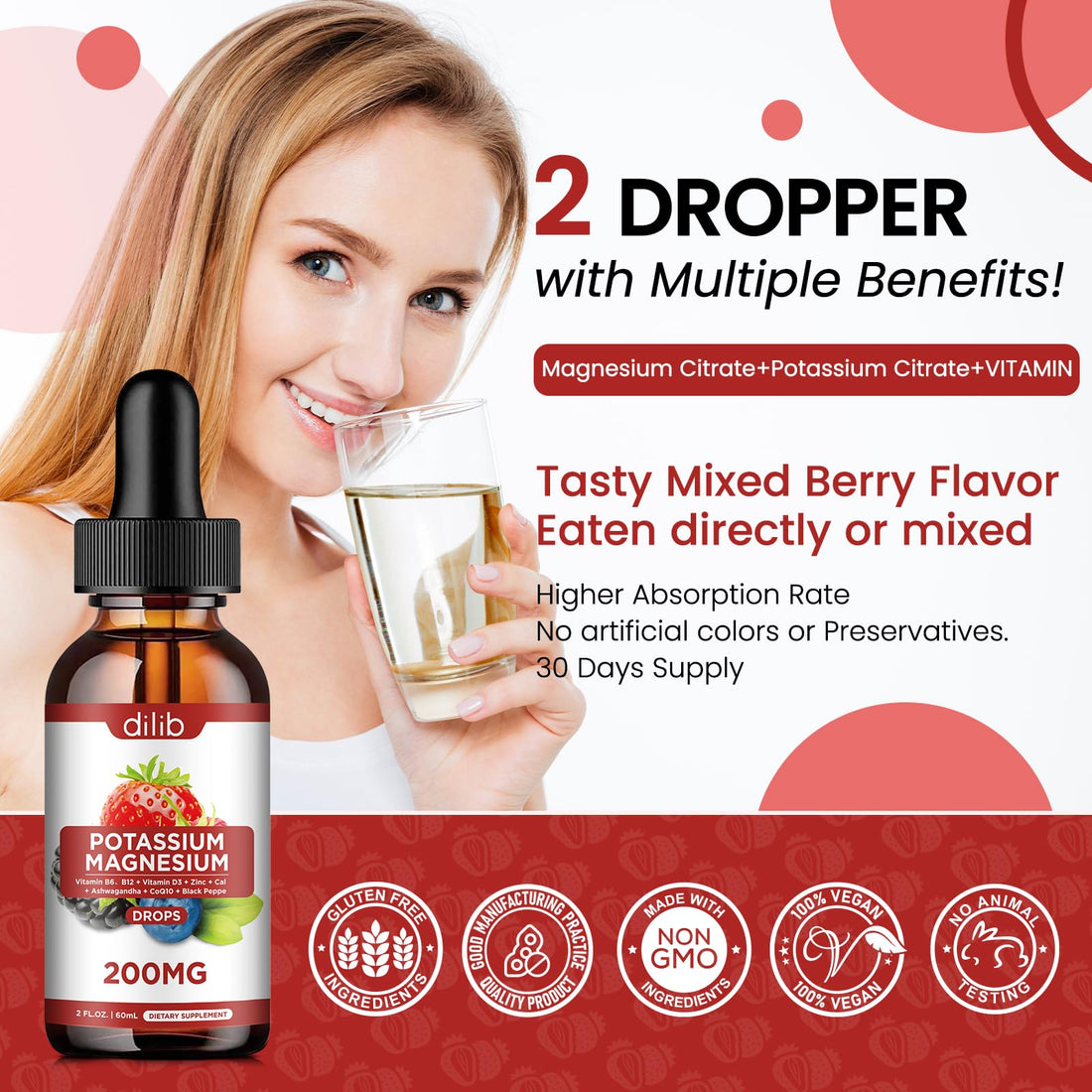 Potassium Magnesium Citrate Supplement, Liquid Magnesium Citrate Drops 200mg with Ashwagandha, Calcium, Zinc, Vitamin D3, B6, B12, CoQ10 - Vegan 2 fl oz Mix Berry Flavor