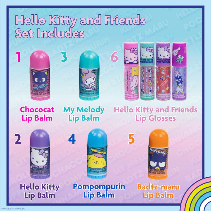 Townley Girl Hello Kitty and Friends 5 Pk Lip Balm and 4 Pk Lip Gloss Set w/Bag, Makeup Cosmetic Set for Kids and Girls, Ages 3+, Perfect for Parties, Sleepovers & Makeovers