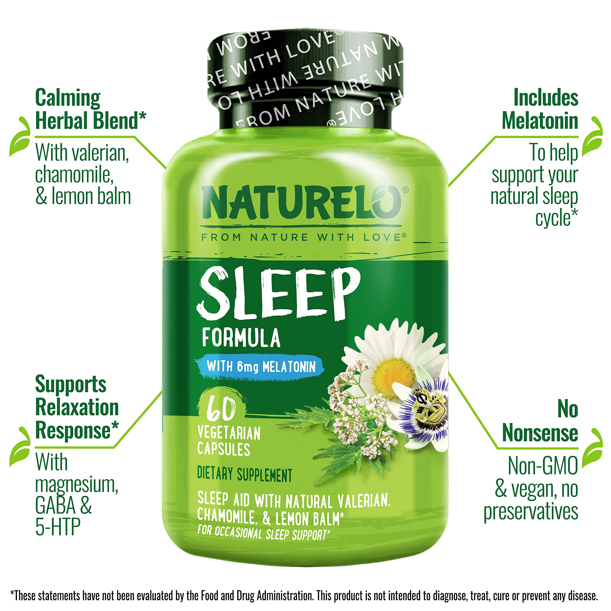NATURELO Sleep Aid - with Melatonin, Magnesium, GABA, Valerian Root, Lemon Balm, Chamomile Herbal Extracts - Plant-Based Sleeping Aid - 60 Vegan Capsules